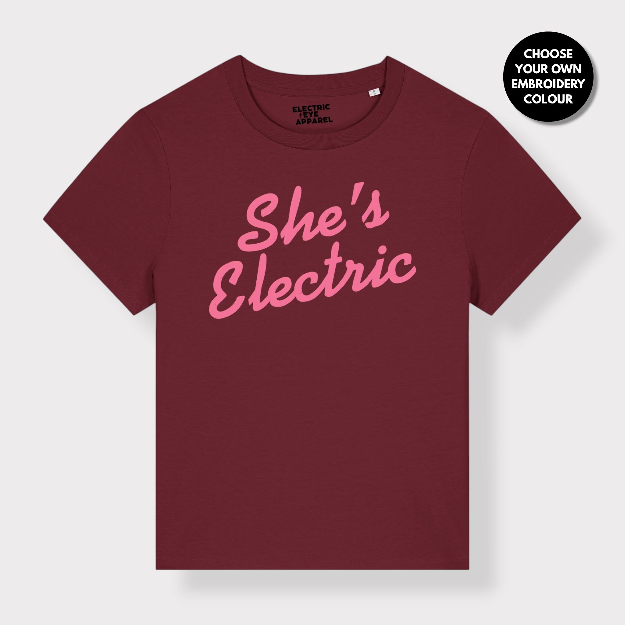 'SHE'S ELECTRIC' retro slogan embroidered premium organic women's classic fit 'Muser' t-shirt - sizes XS-5XL