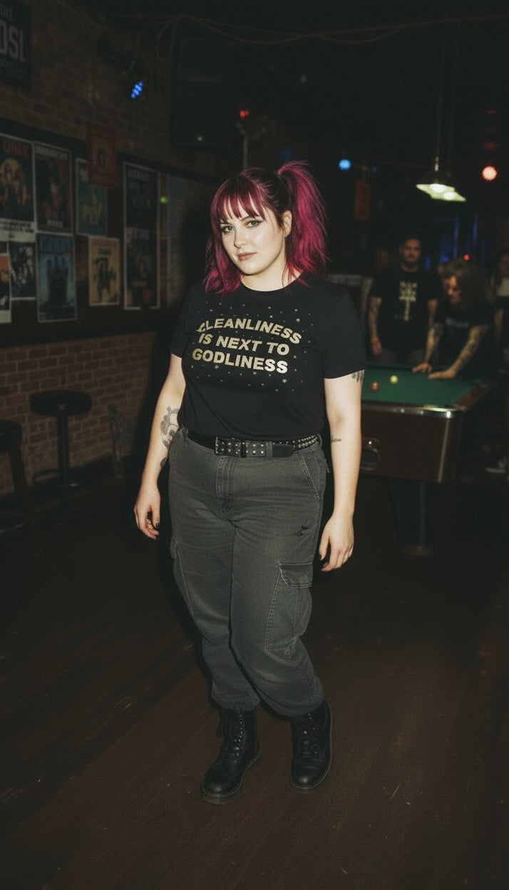 'CLEANLINESS IS NEXT TO GODLINESS' grungy embroidered premium organic women's classic fit 'Muser' t-shirt - sizes XS-5XL