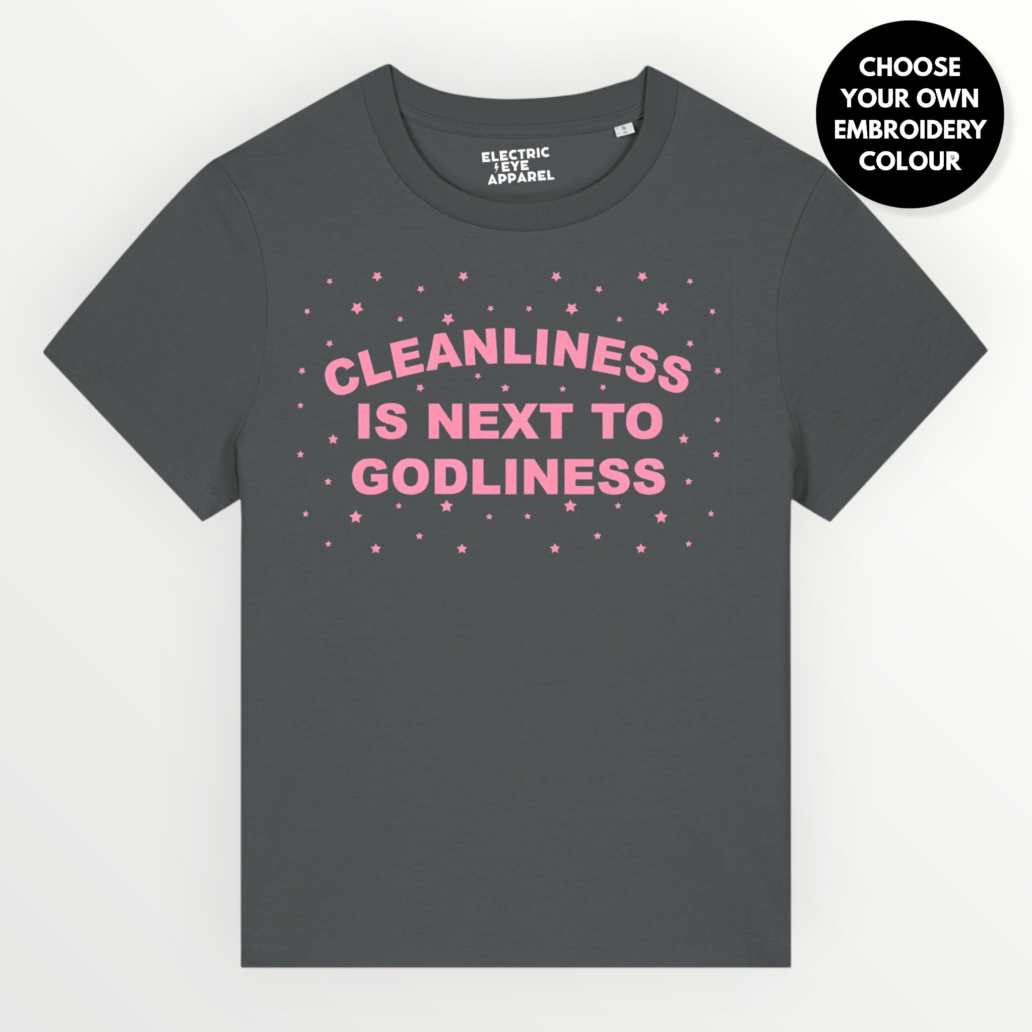 'CLEANLINESS IS NEXT TO GODLINESS' grungy embroidered premium organic women's classic fit 'Muser' t-shirt - sizes XS-5XL