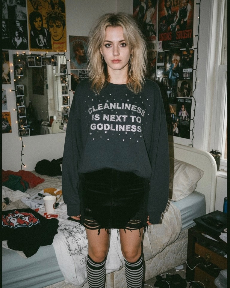 'CLEANLINESS IS NEXT TO GODLINESS' embroidered organic women's dropped shoulder 'Alma' sweatshirt