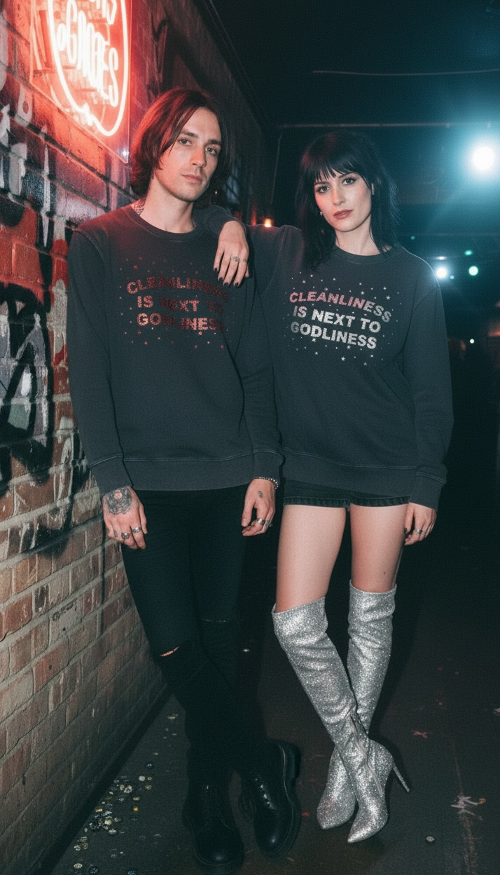 'CLEANLINESS IS NEXT TO GODLINESS' embroidered organic unisex 'matcher' vintage aged garment dyed sweatshirt