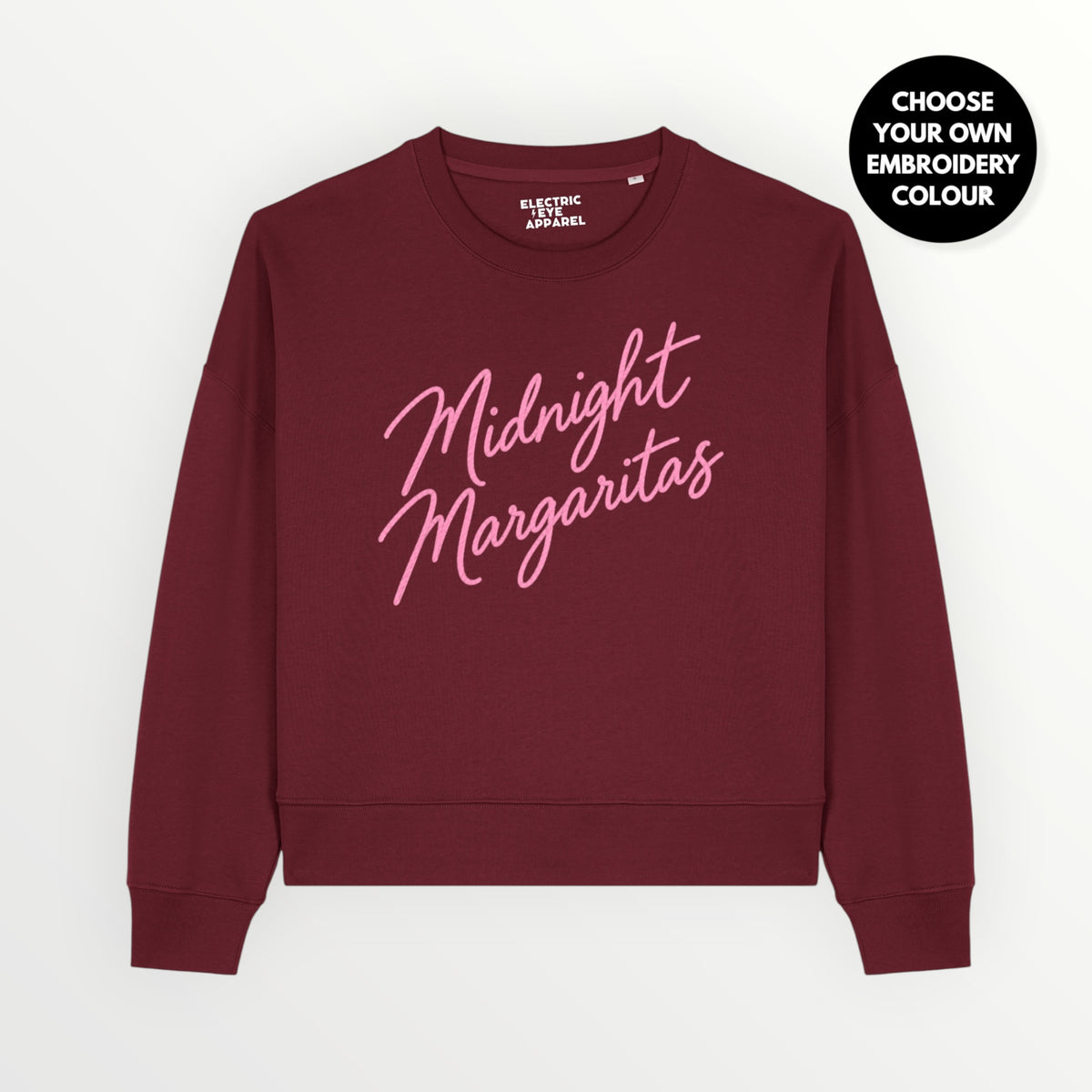 'Midnight Margaritas' embroidered organic women's dropped shoulder 'Alma' sweatshirt - choose your own embroidery colour
