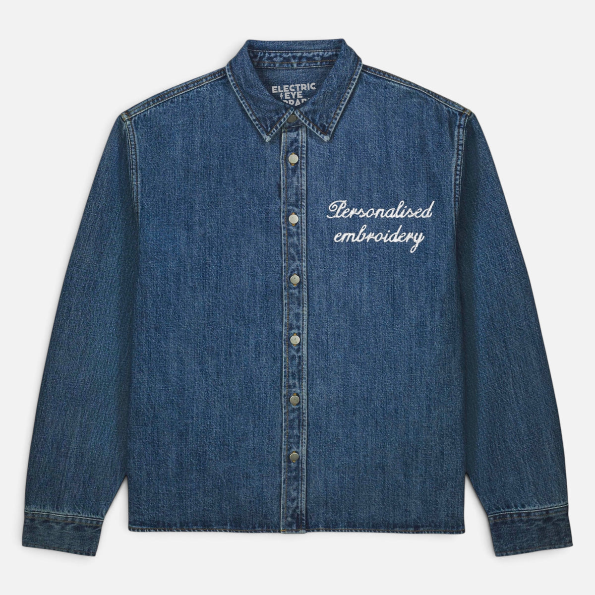 NEW Unisex Personalised Left Chest Embroidered Heavy Denim 'Palmer' Overshirt - choose your own words, font, thread colour