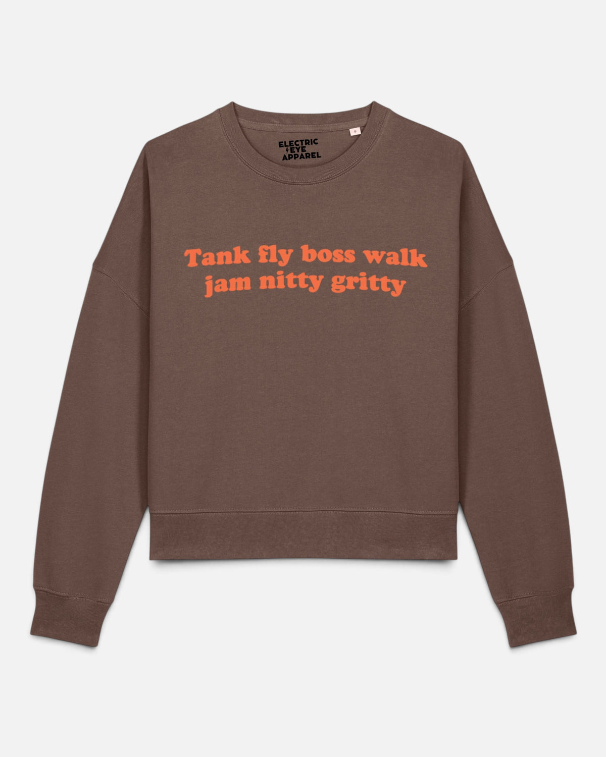 'TANK FLY BOSS WALK JAM NITTY GRITTY' 1990's style embroidered organic women's dropped shoulder 'Alma' sweatshirt