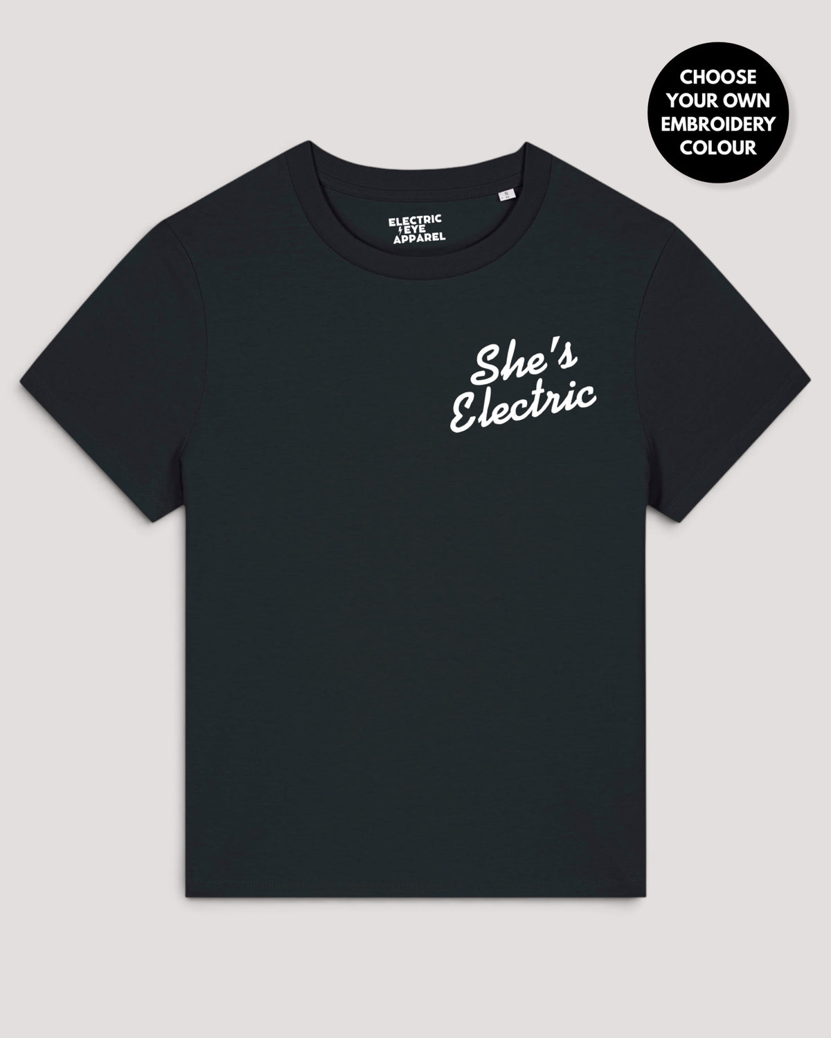 Women's 'SHE'S ELECTRIC' left chest embroidered premium organic medium fit 'Muser' t-shirt
