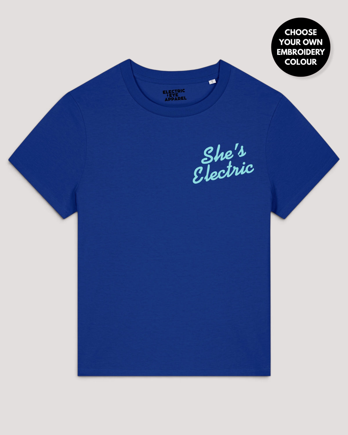Women's 'SHE'S ELECTRIC' left chest embroidered premium organic medium fit 'Muser' t-shirt