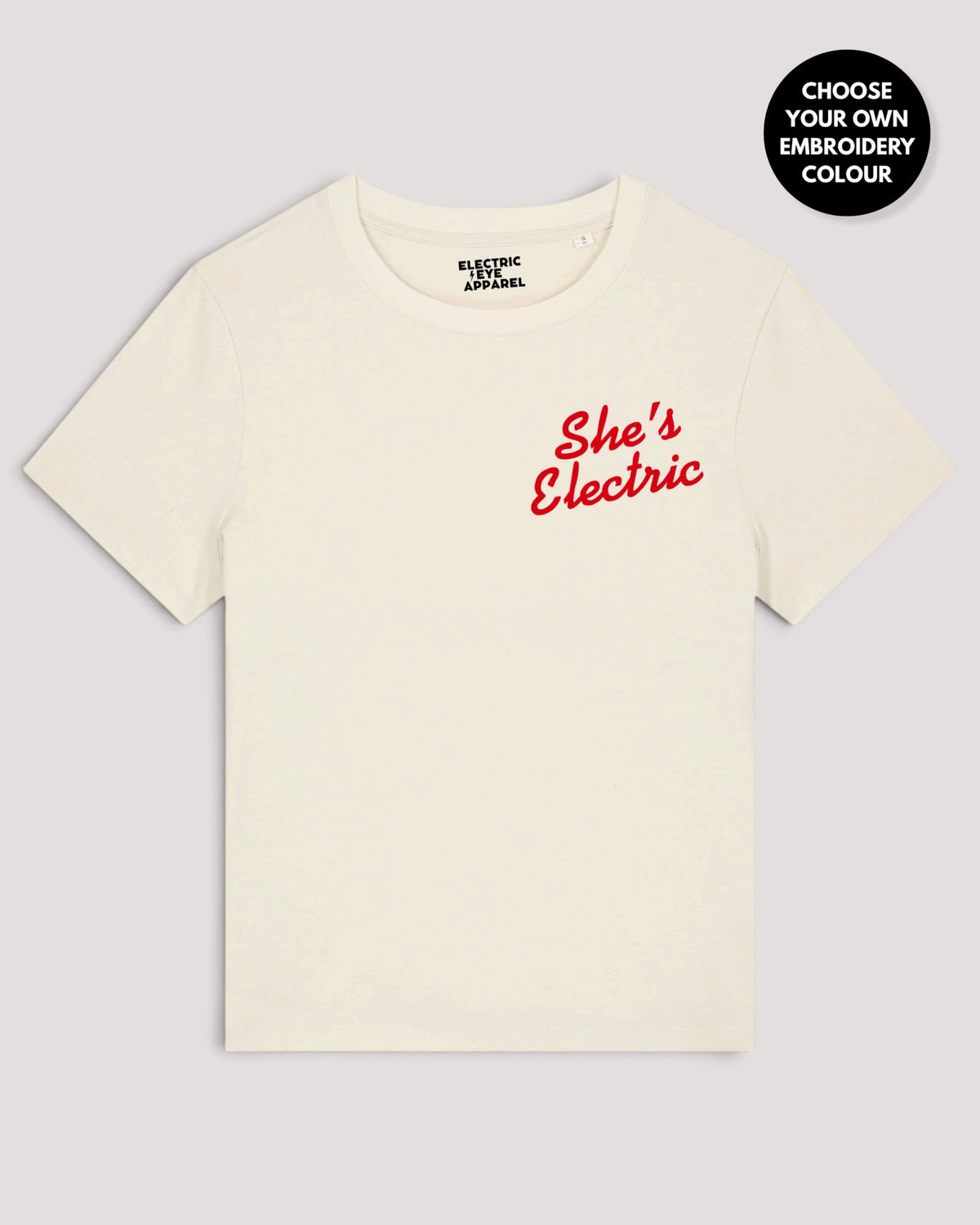 Women's 'SHE'S ELECTRIC' left chest embroidered premium organic medium fit 'Muser' t-shirt