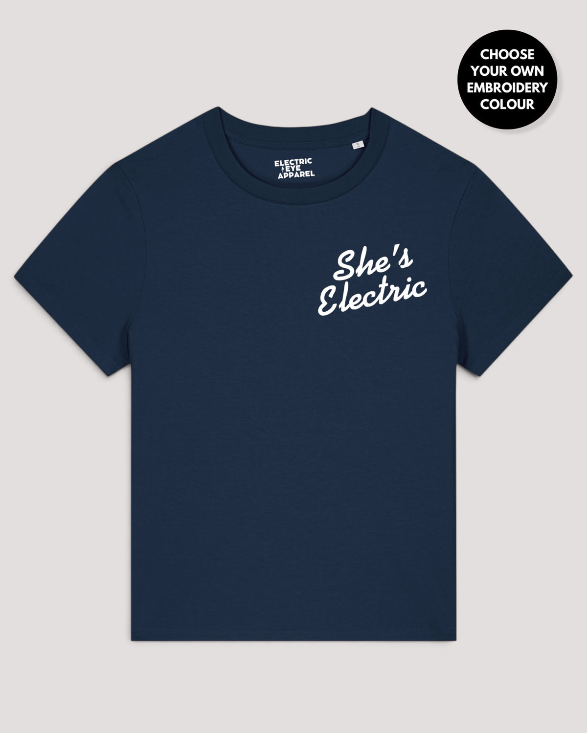 Women's 'SHE'S ELECTRIC' left chest embroidered premium organic medium fit 'Muser' t-shirt