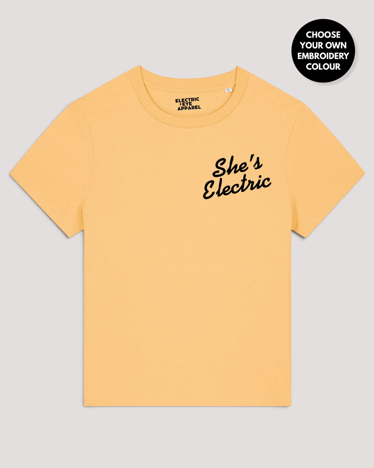 Women's 'SHE'S ELECTRIC' left chest embroidered premium organic medium fit 'Muser' t-shirt