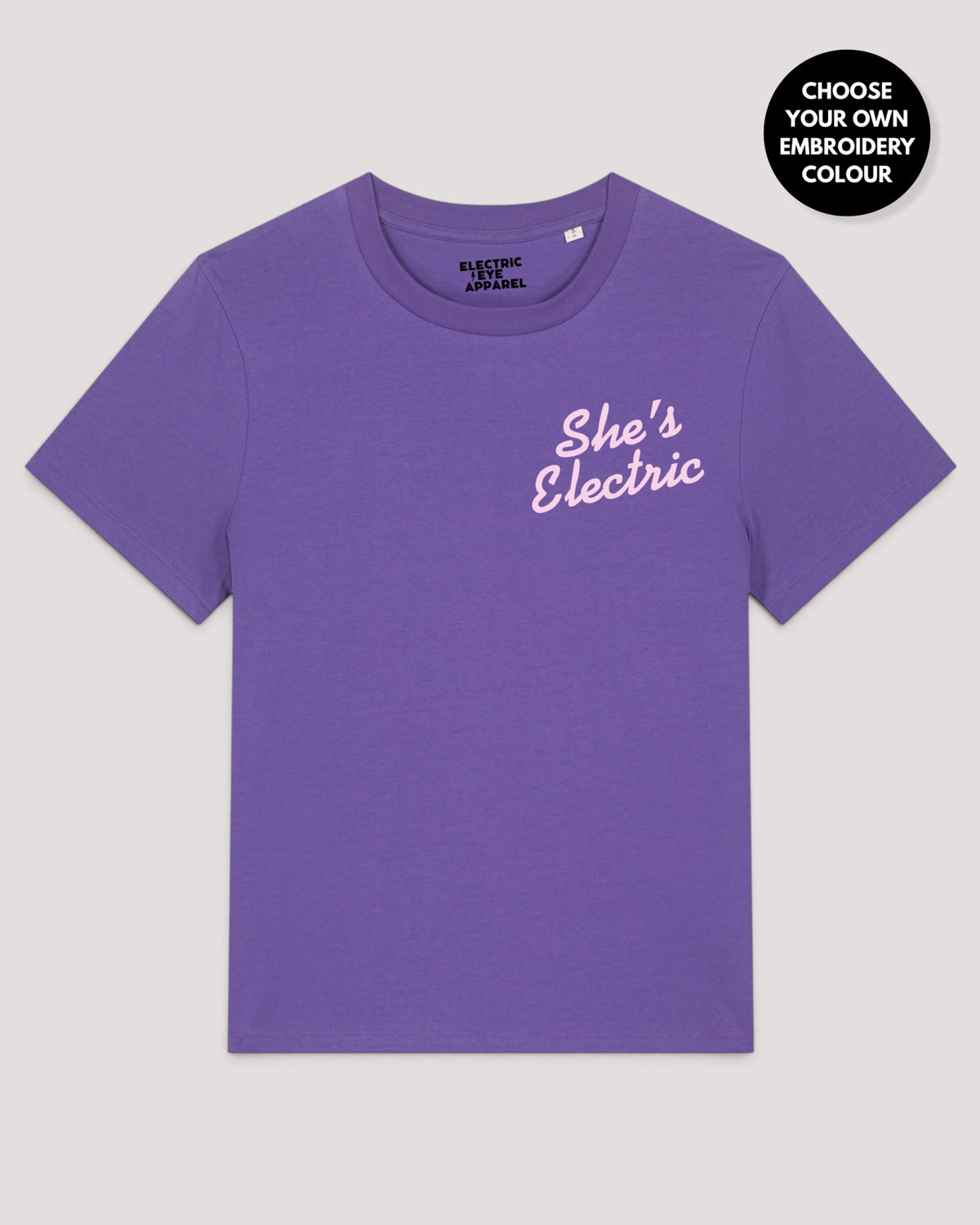 Women's 'SHE'S ELECTRIC' left chest embroidered premium organic medium fit 'Muser' t-shirt