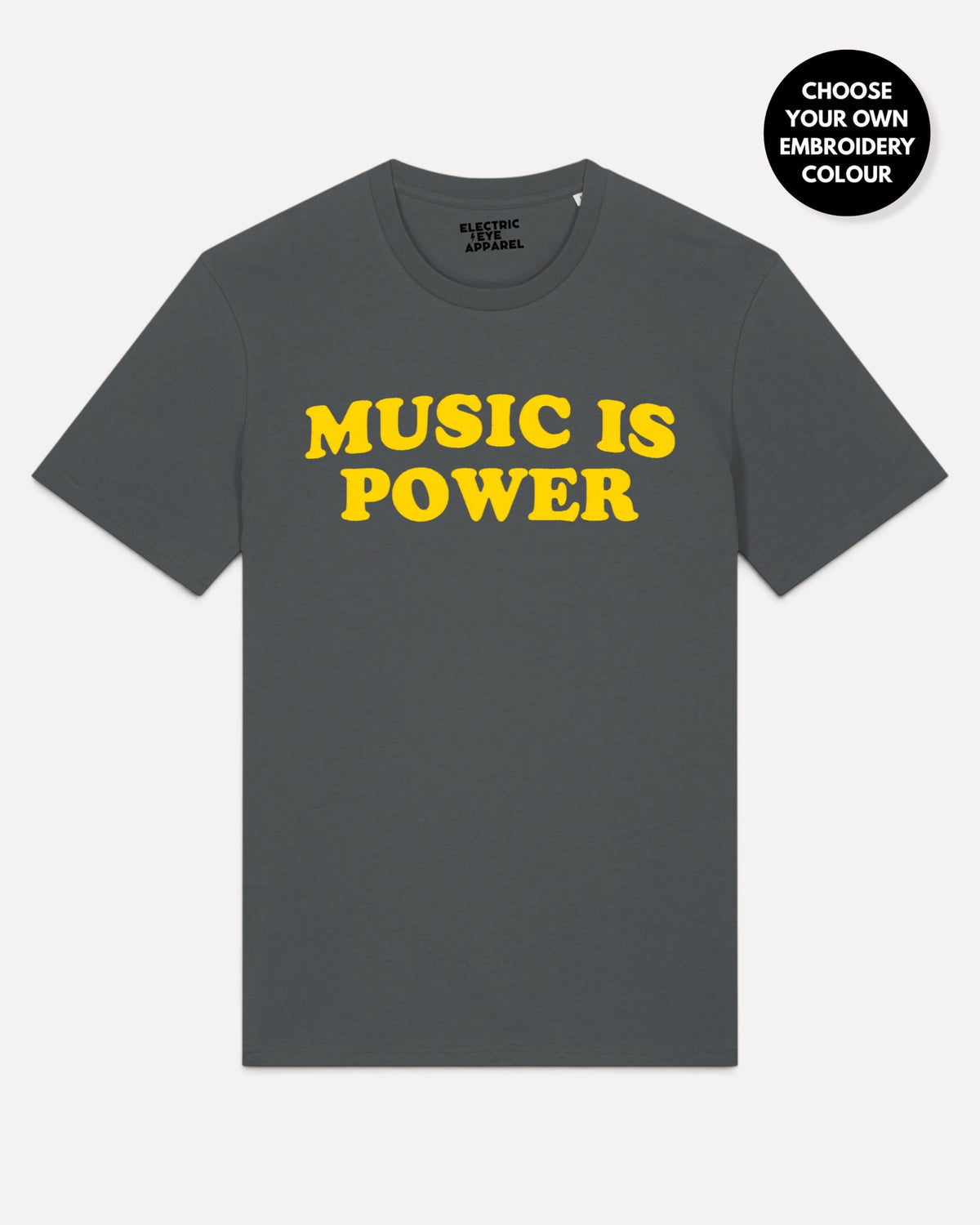Men's 'MUSIC IS POWER' embroidered premium organic iconic classic crew neck 'Rocker' t-shirt
