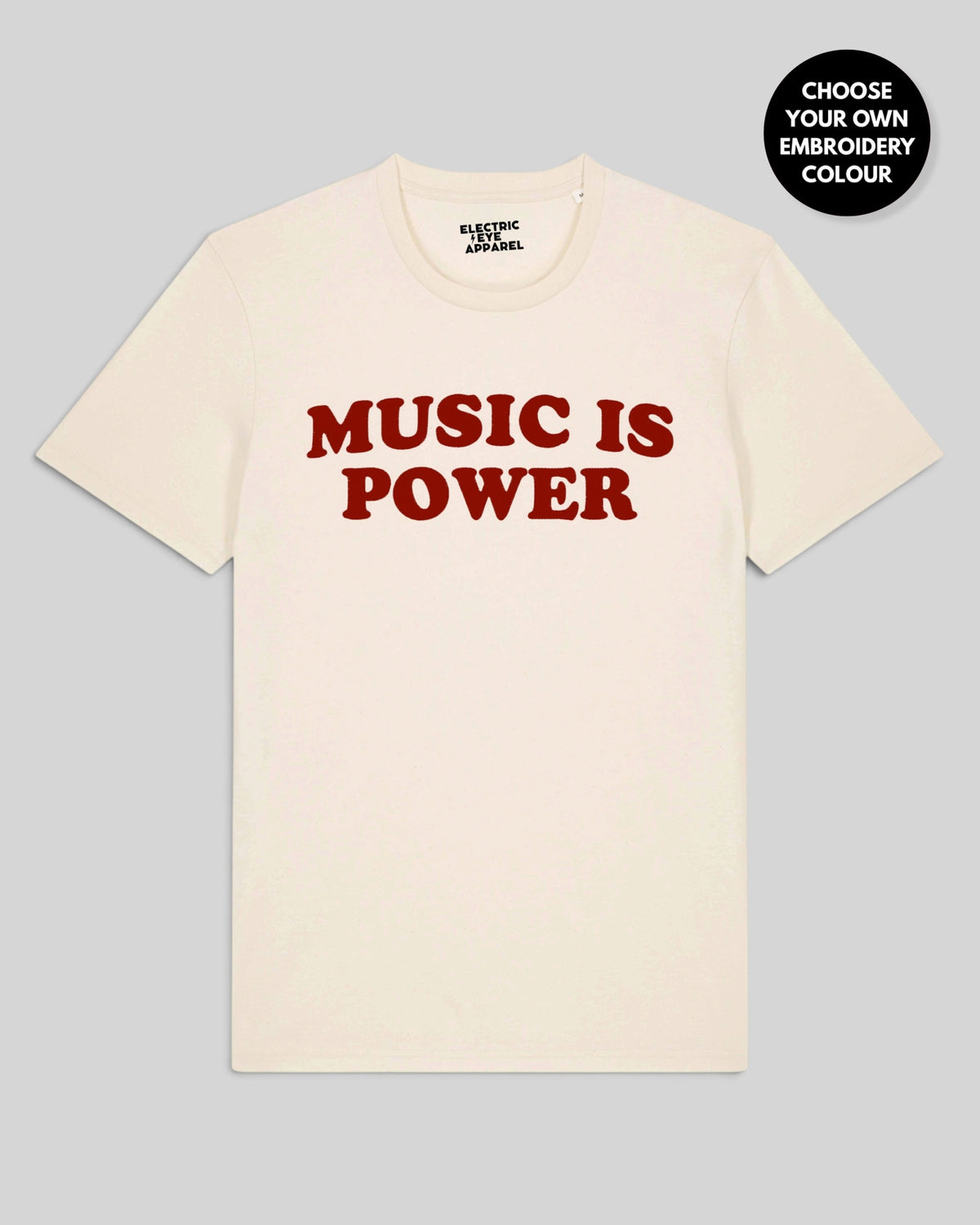 Men's 'MUSIC IS POWER' embroidered premium organic iconic classic crew neck 'Rocker' t-shirt