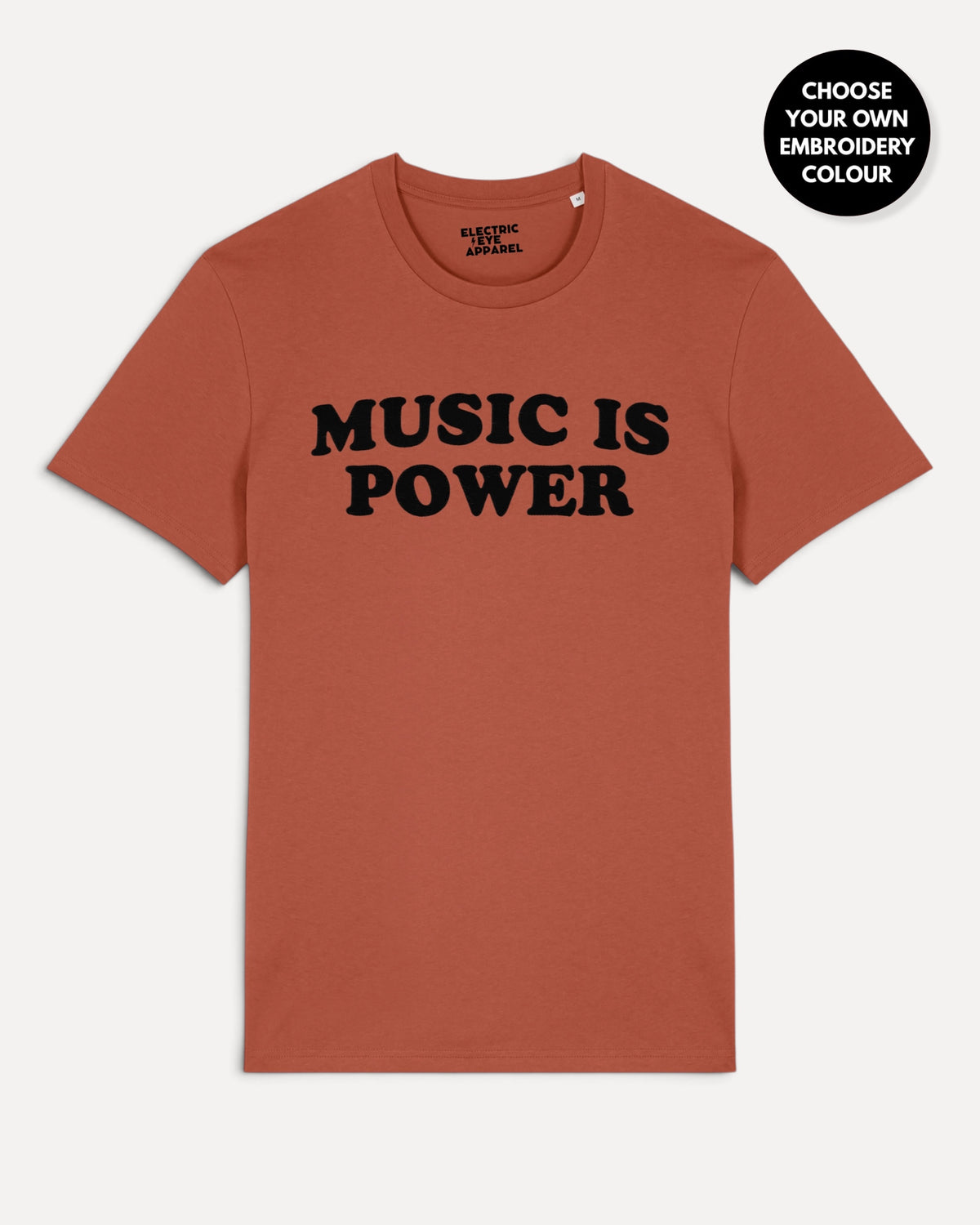 Men's 'MUSIC IS POWER' embroidered premium organic iconic classic crew neck 'Rocker' t-shirt