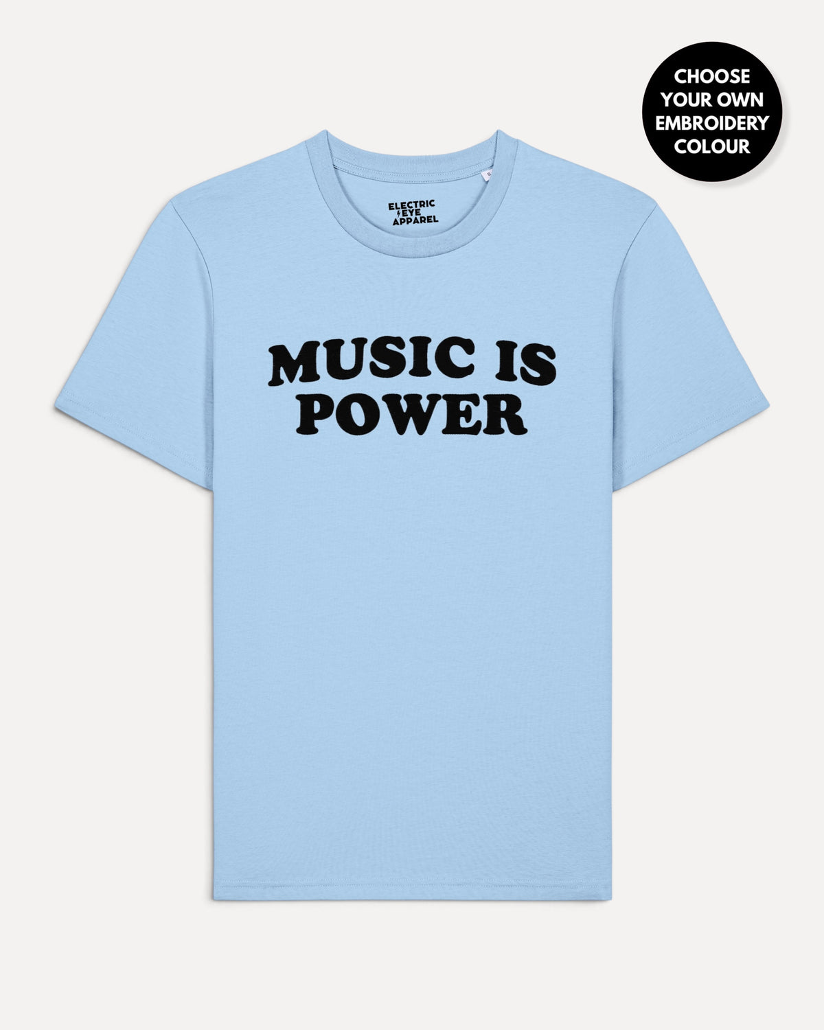 Men's 'MUSIC IS POWER' embroidered premium organic iconic classic crew neck 'Rocker' t-shirt