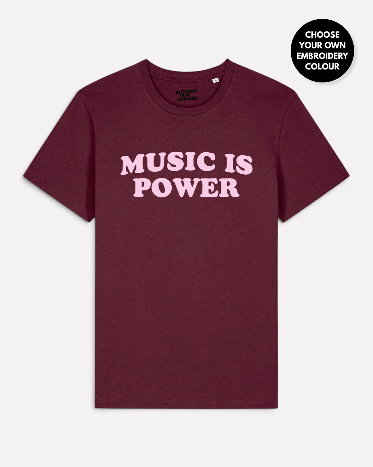 Men's 'MUSIC IS POWER' embroidered premium organic iconic classic crew neck 'Rocker' t-shirt