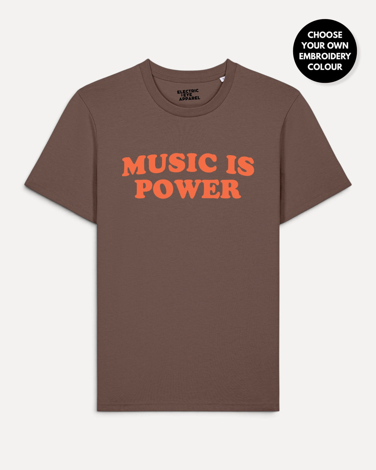 Men's 'MUSIC IS POWER' embroidered premium organic iconic classic crew neck 'Rocker' t-shirt