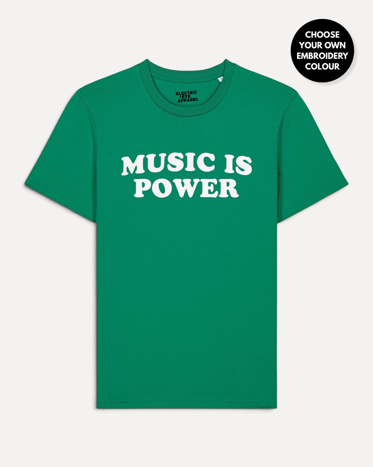 Men's 'MUSIC IS POWER' embroidered premium organic iconic classic crew neck 'Rocker' t-shirt