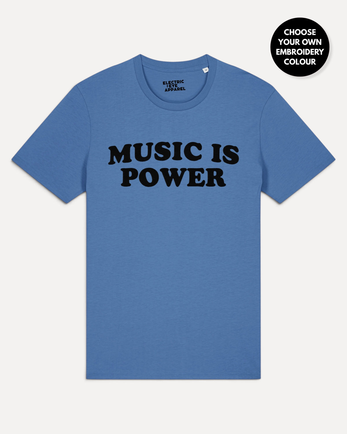 Men's 'MUSIC IS POWER' embroidered premium organic iconic classic crew neck 'Rocker' t-shirt