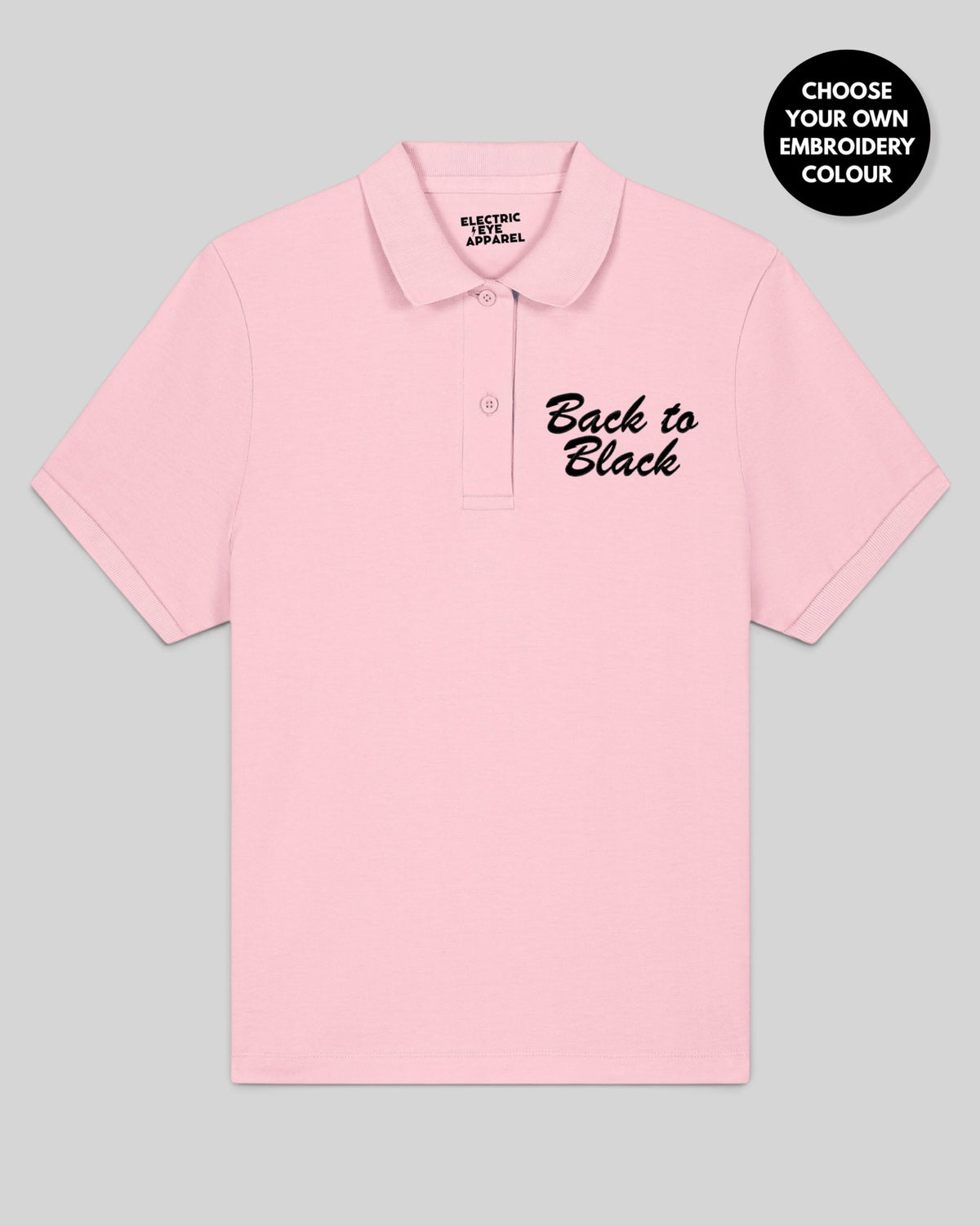 Women's 'BACK TO BLACK' Left Chest Embroidered premium organic women's 'Coaster' polo shirt