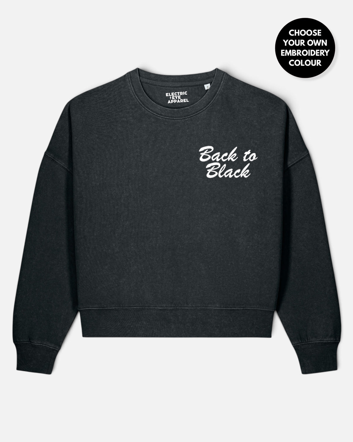 Women's 'BACK TO BLACK' left chest embroidered premium organic women's drop shoulder 'Alma' sweatshirt