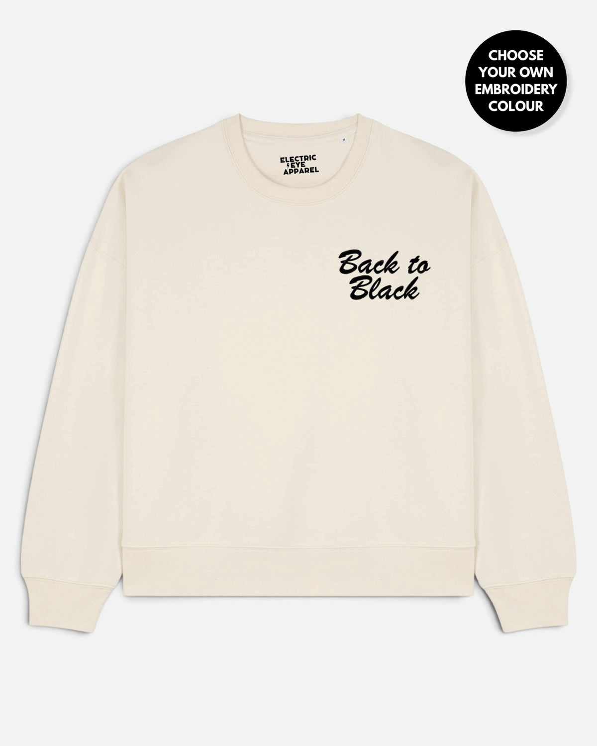 Women's 'BACK TO BLACK' left chest embroidered premium organic women's drop shoulder 'Alma' sweatshirt