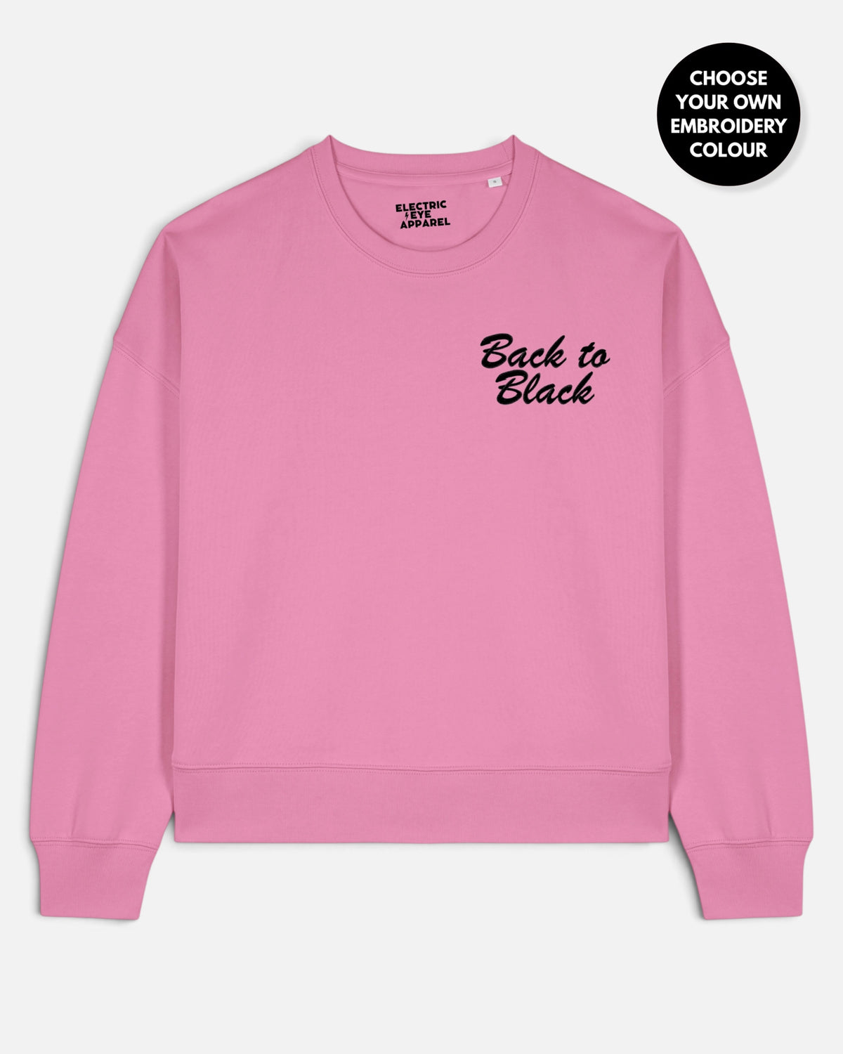 Women's 'BACK TO BLACK' left chest embroidered premium organic women's drop shoulder 'Alma' sweatshirt