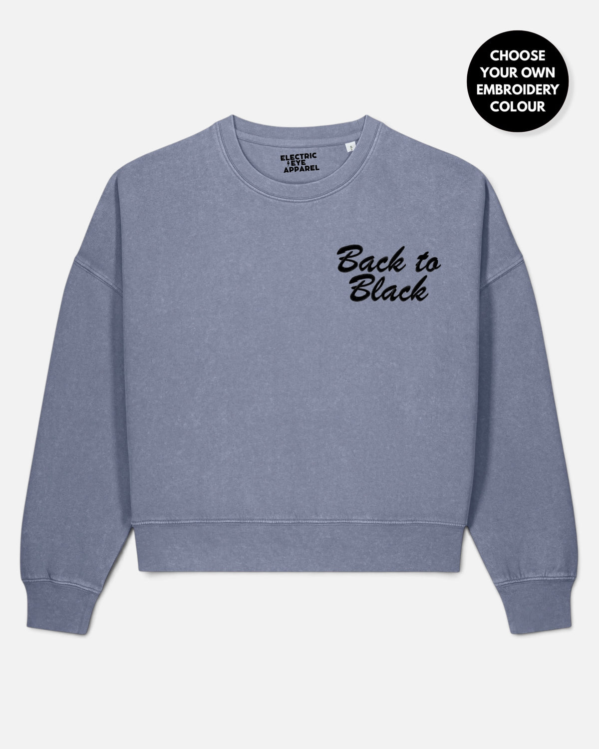 Women's 'BACK TO BLACK' left chest embroidered premium organic women's drop shoulder 'Alma' sweatshirt