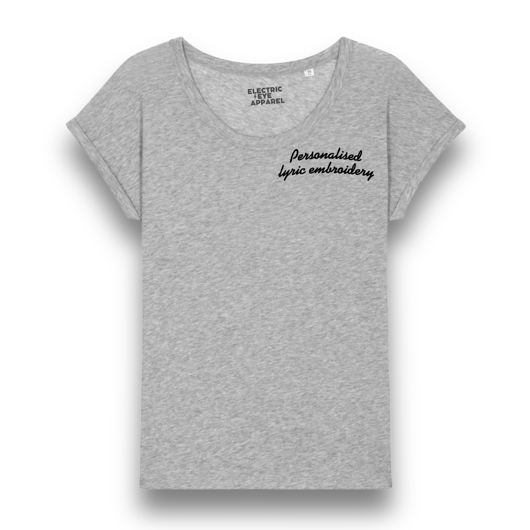 Personalised Lyric Left Chest Embroidered premium organic women's slub rolled sleeve 'Rounders' t-shirt - choose your own lyrics, font and thread colour