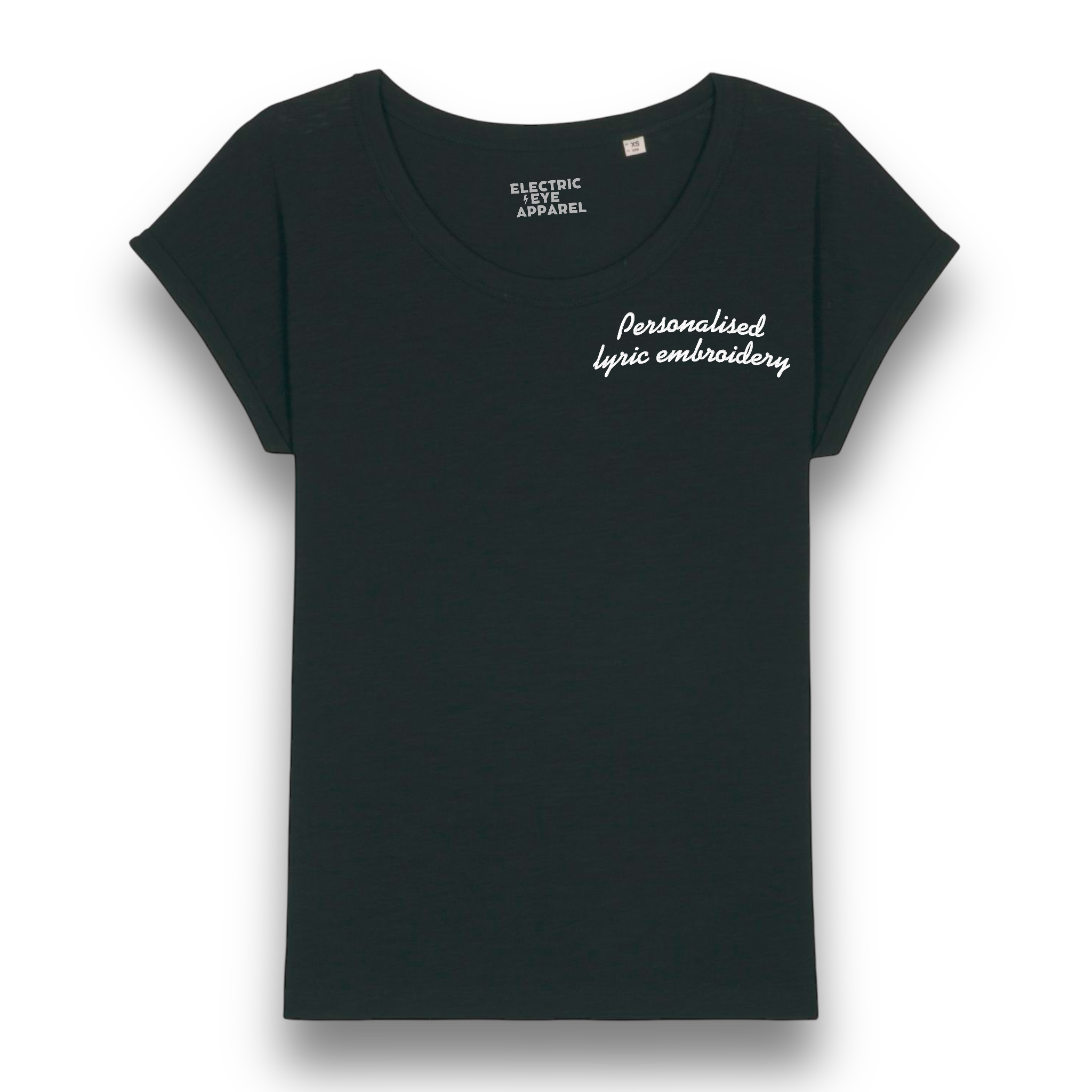 Personalised Lyric Left Chest Embroidered premium organic women's slub rolled sleeve 'Rounders' t-shirt - choose your own lyrics, font and thread colour