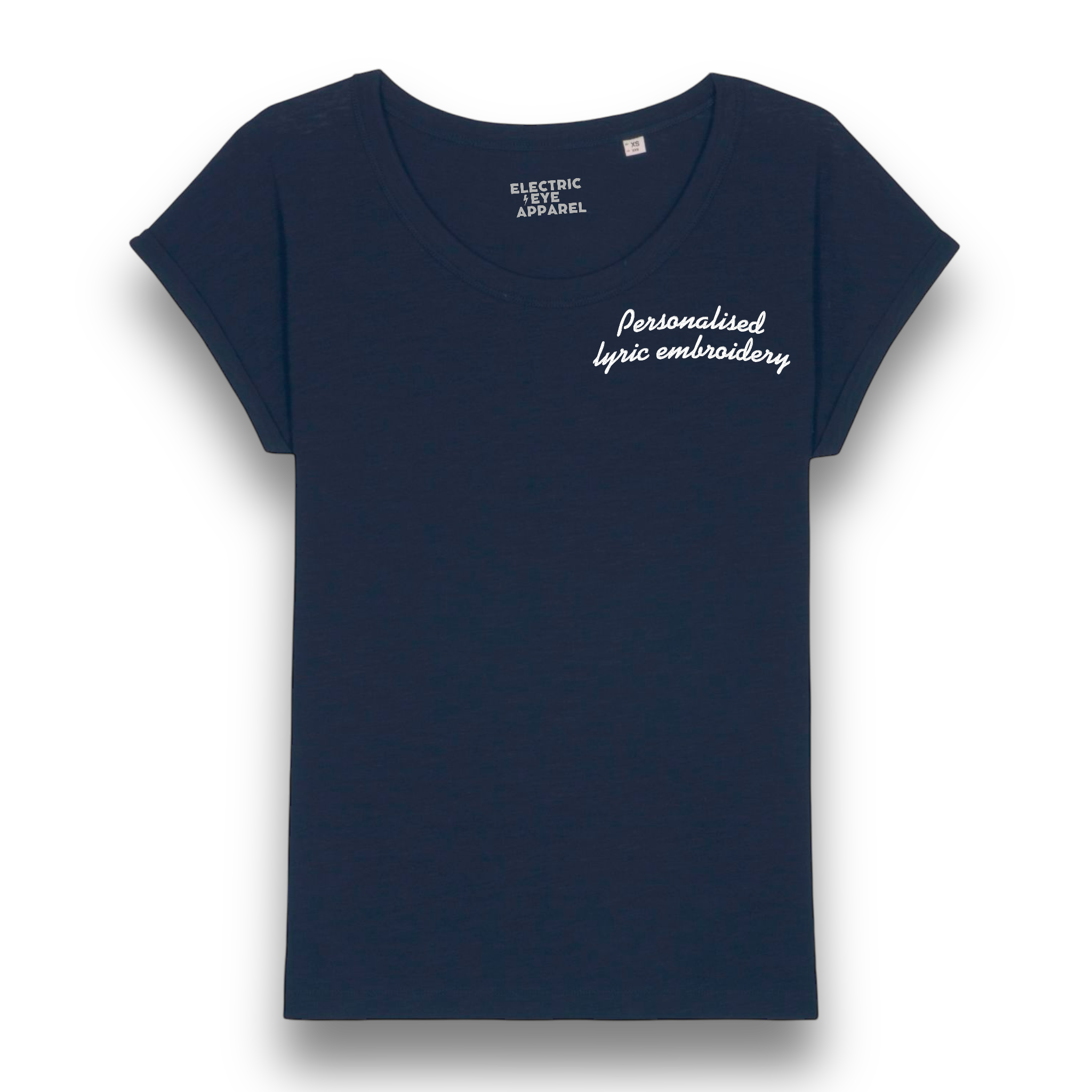 Personalised Lyric Left Chest Embroidered premium organic women's slub rolled sleeve 'Rounders' t-shirt - choose your own lyrics, font and thread colour