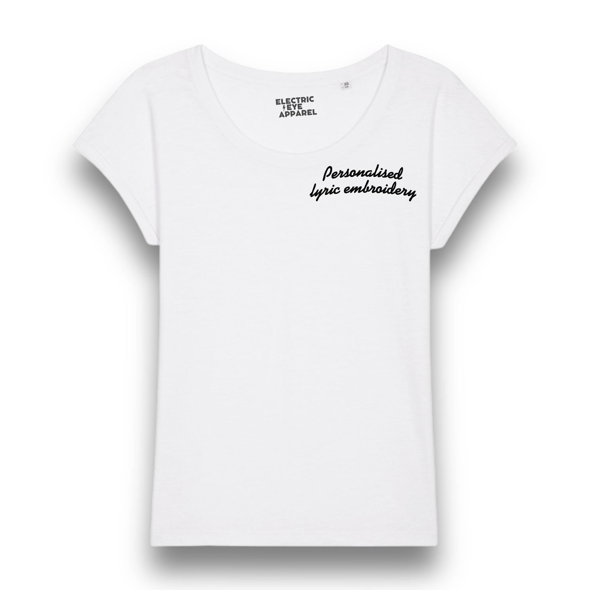 Personalised Lyric Left Chest Embroidered premium organic women's slub rolled sleeve 'Rounders' t-shirt - choose your own lyrics, font and thread colour