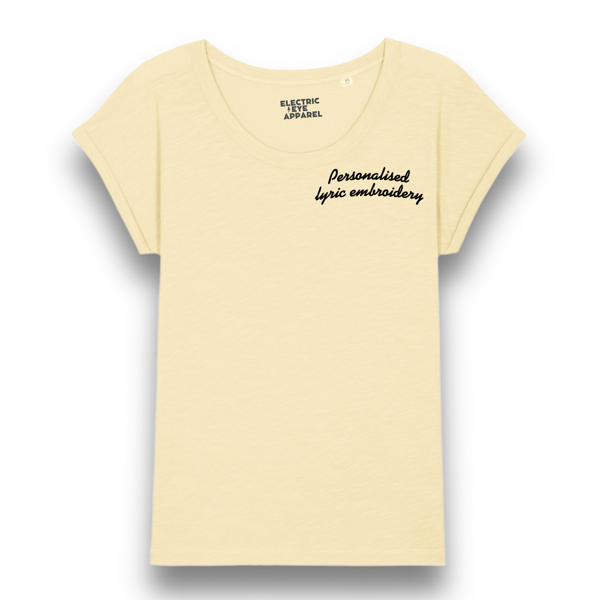 Personalised Lyric Left Chest Embroidered premium organic women's slub rolled sleeve 'Rounders' t-shirt - choose your own lyrics, font and thread colour