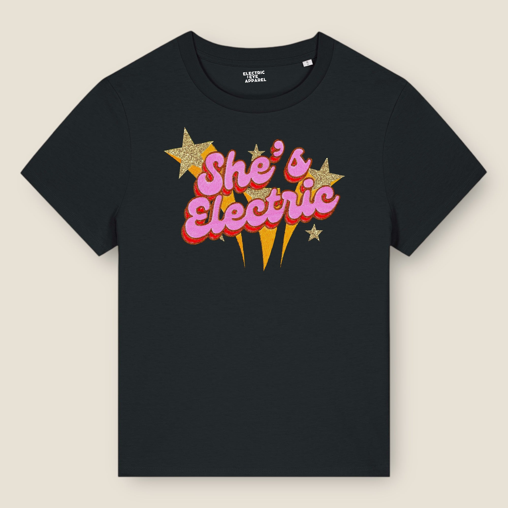 'SHE'S ELECTRIC' 70s Glam embroidered premium organic iconic women's 'Muser' t-shirt with glitter embroidery - Inspired by Oasis