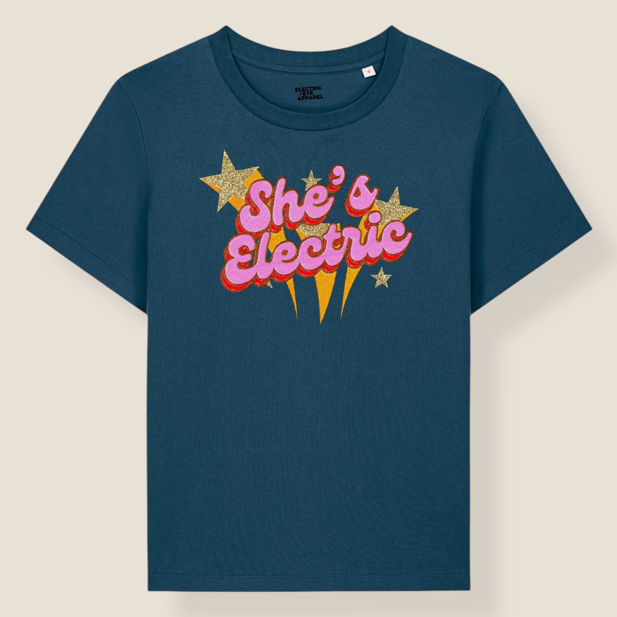 'SHE'S ELECTRIC' 70s Glam embroidered premium organic iconic women's 'Muser' t-shirt with glitter embroidery - Inspired by Oasis