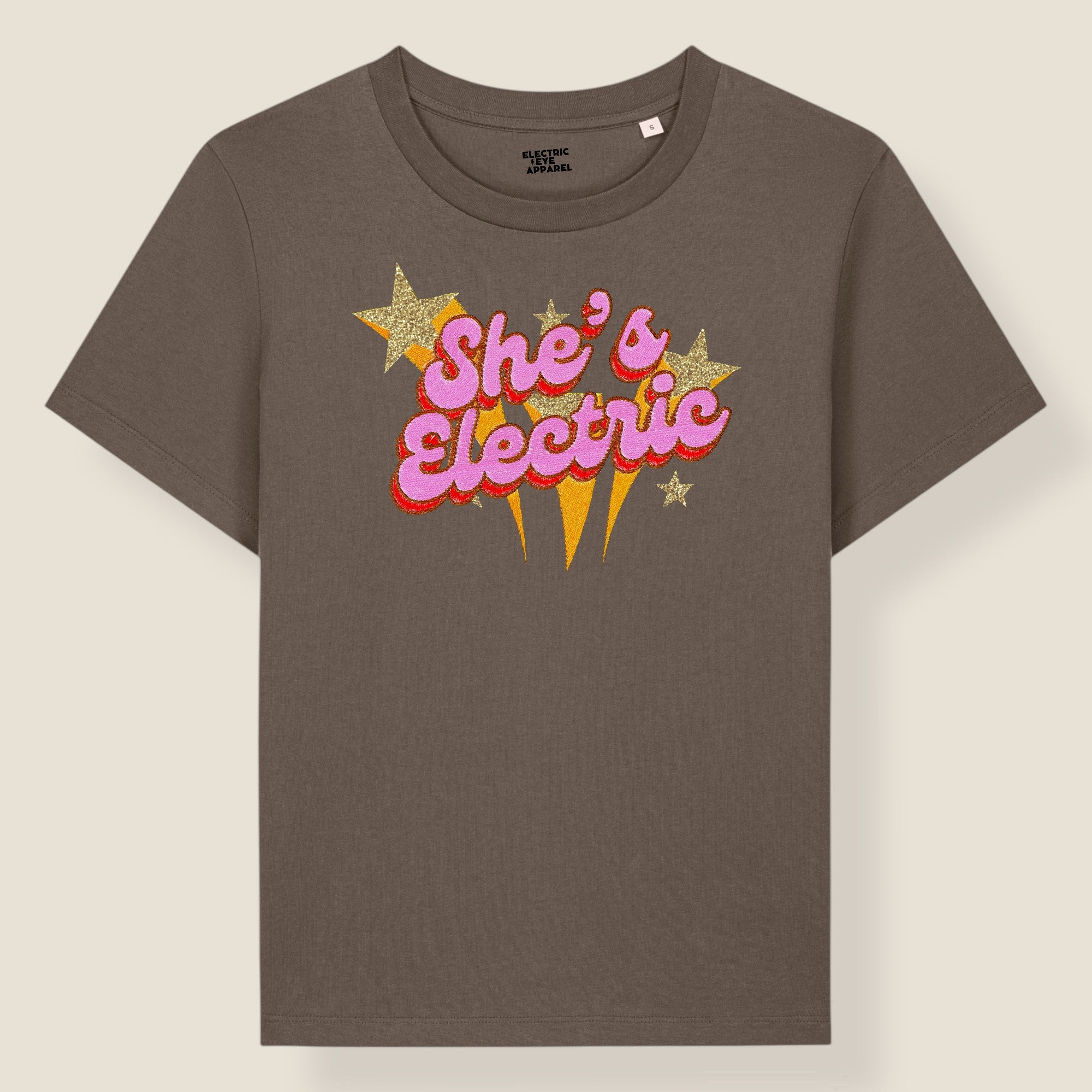 'SHE'S ELECTRIC' 70s Glam embroidered premium organic iconic women's 'Muser' t-shirt with glitter embroidery - Inspired by Oasis