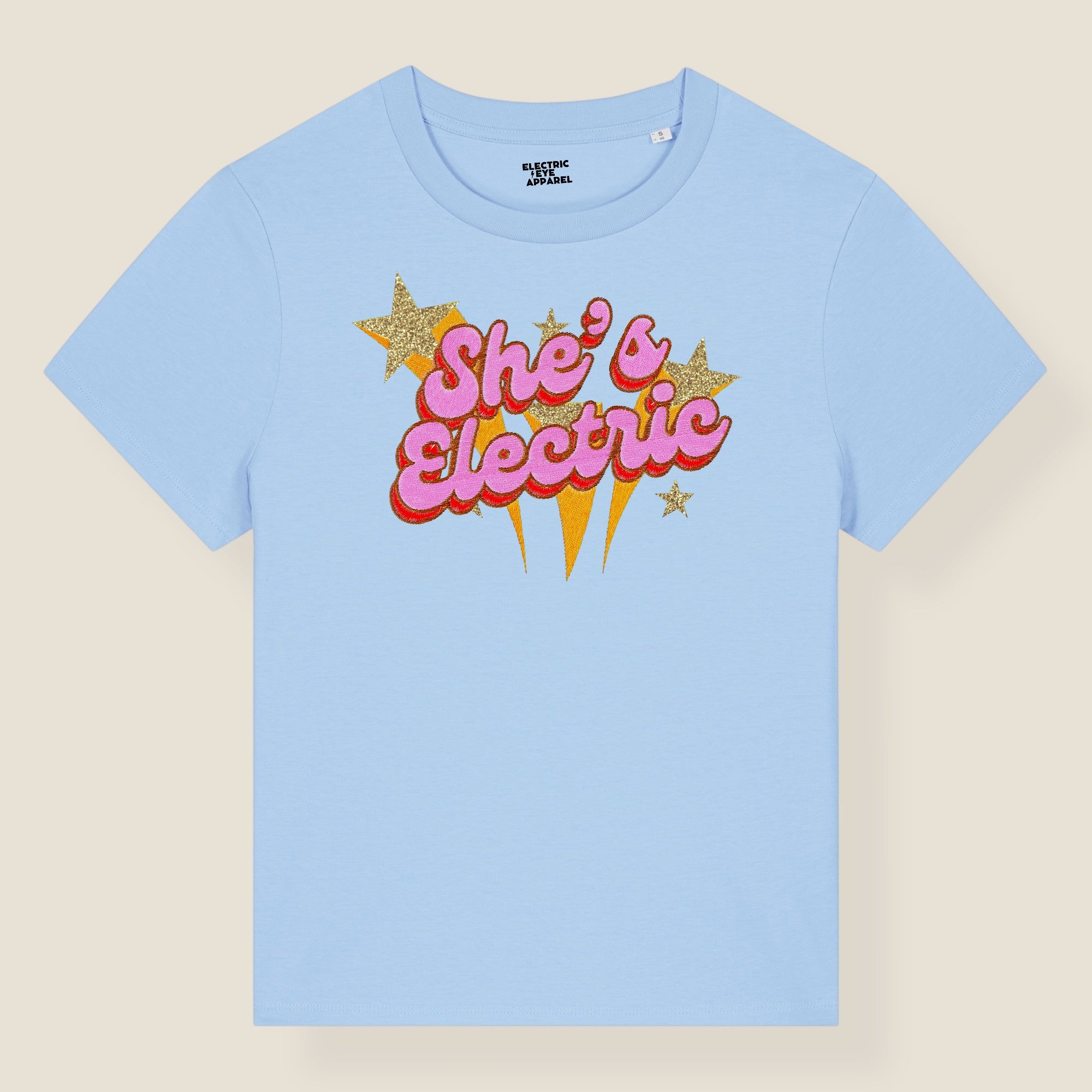 'SHE'S ELECTRIC' 70s Glam embroidered premium organic iconic women's 'Muser' t-shirt with glitter embroidery - Inspired by Oasis