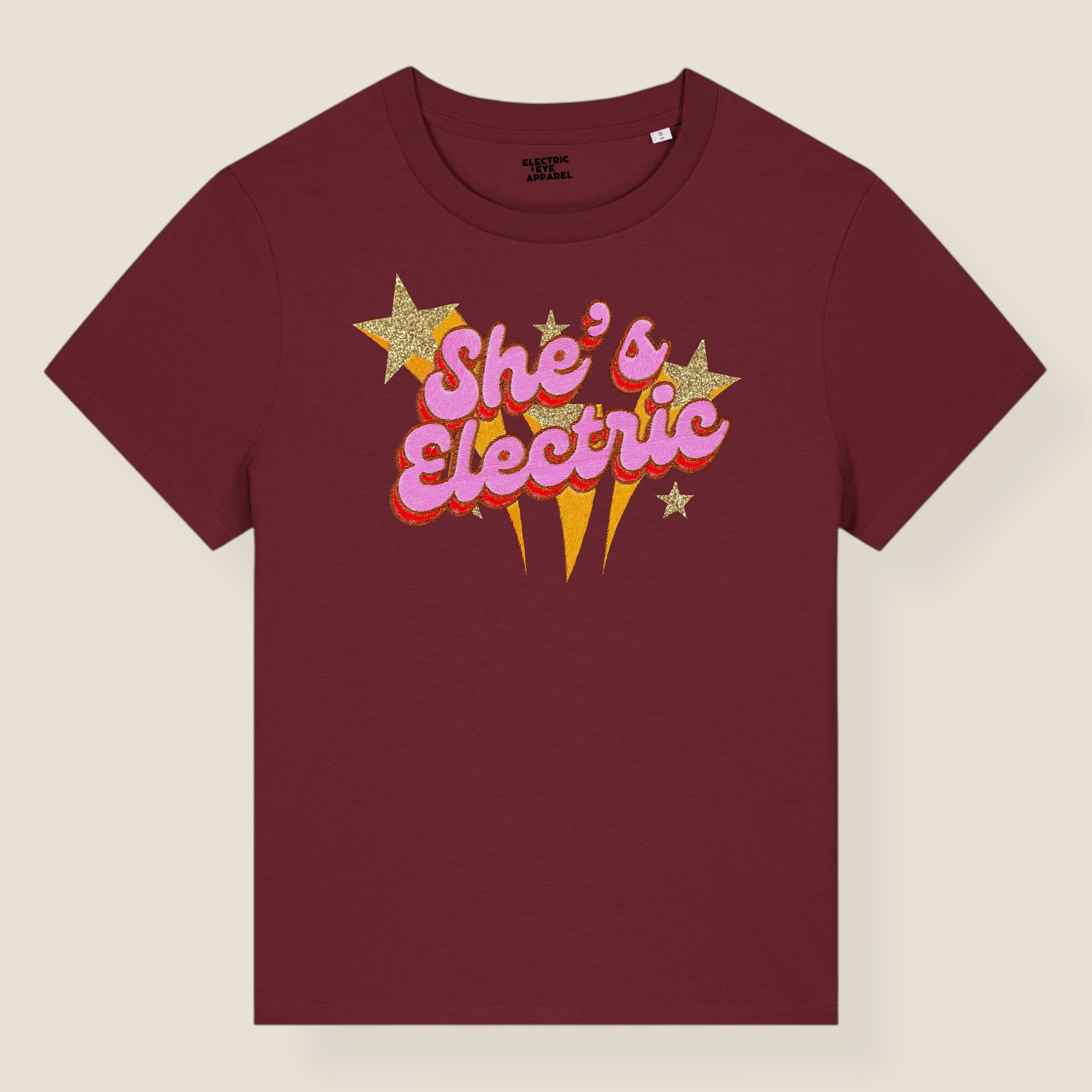 'SHE'S ELECTRIC' 70s Glam embroidered premium organic iconic women's 'Muser' t-shirt with glitter embroidery - Inspired by Oasis