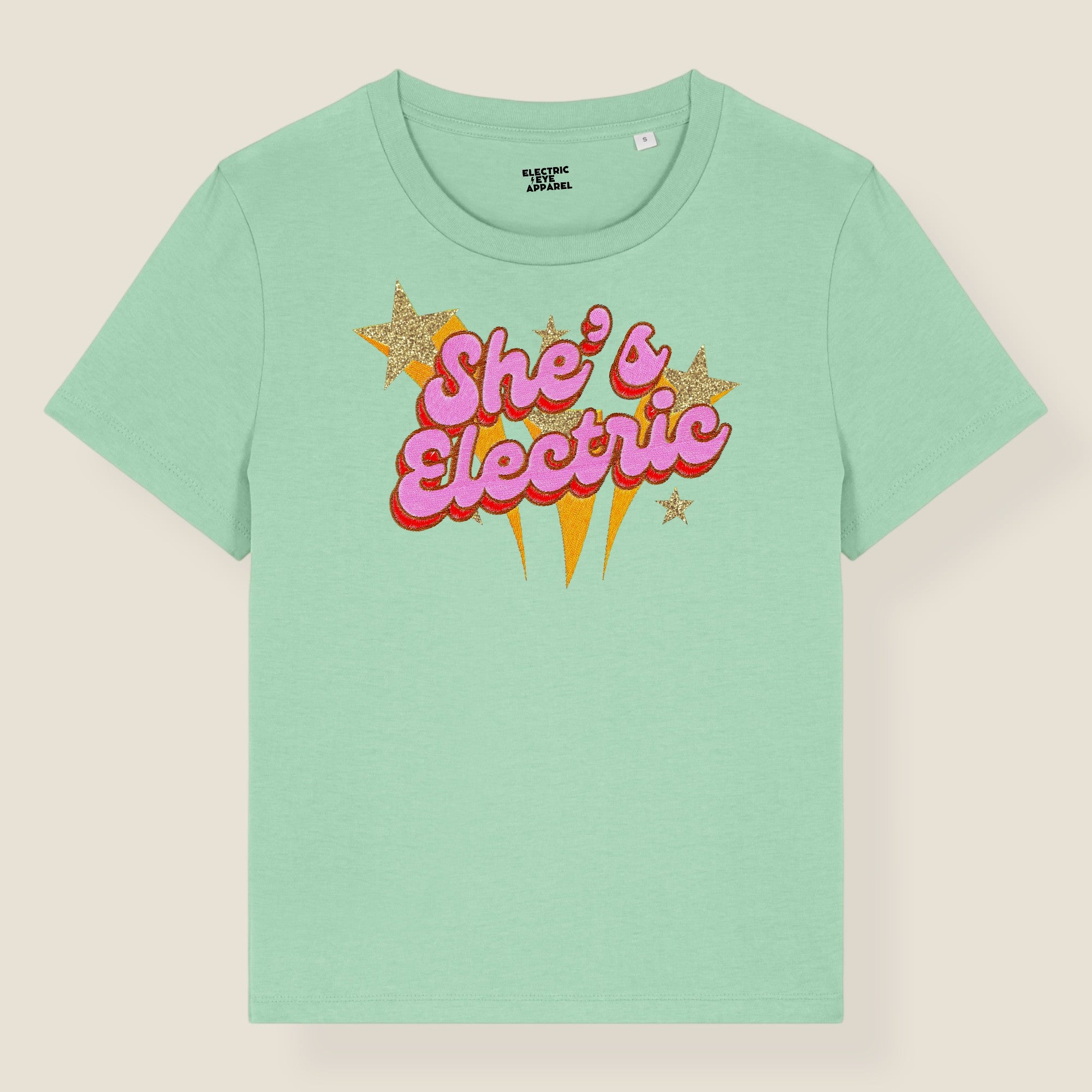 'SHE'S ELECTRIC' 70s Glam embroidered premium organic iconic women's 'Muser' t-shirt with glitter embroidery - Inspired by Oasis