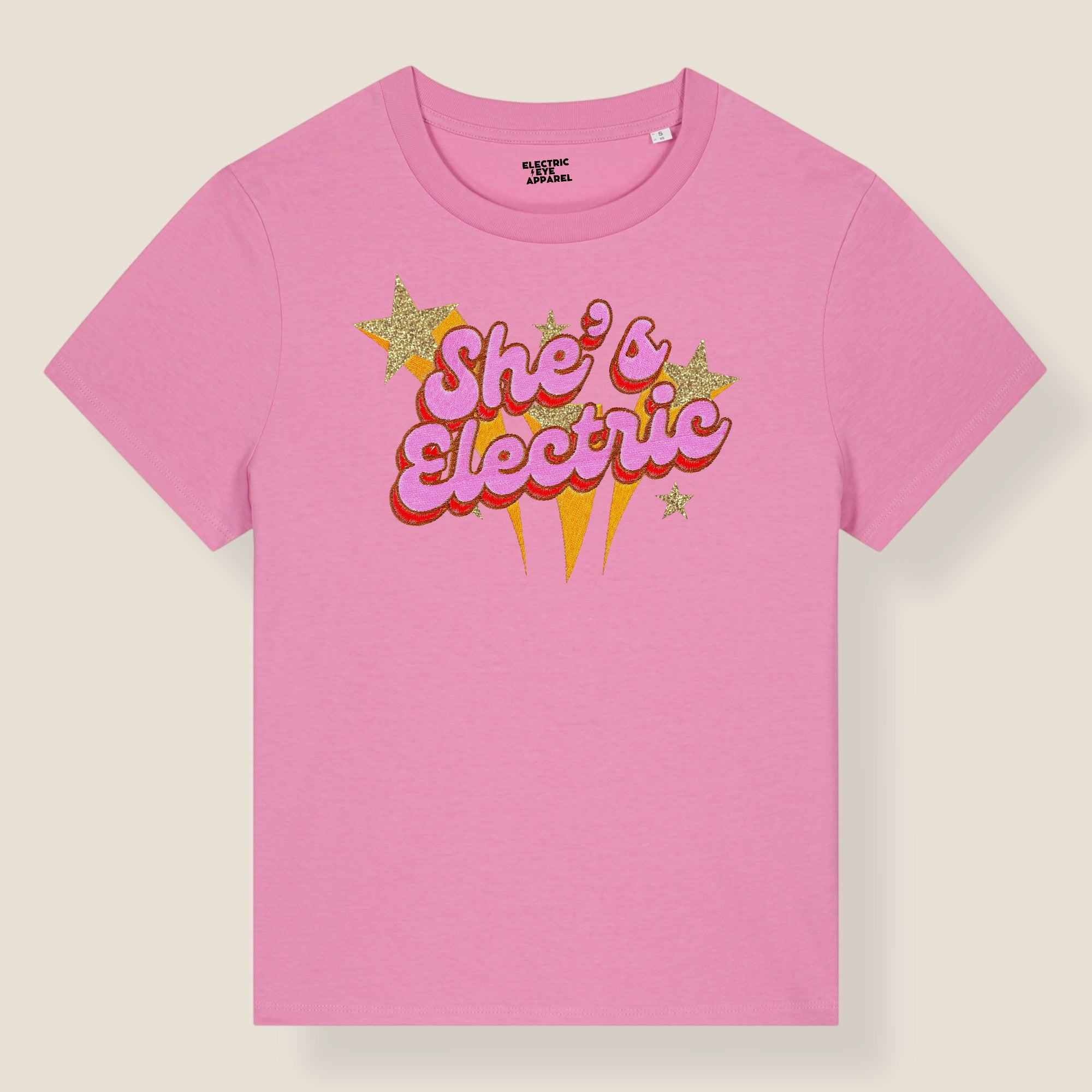 'SHE'S ELECTRIC' 70s Glam embroidered premium organic iconic women's 'Muser' t-shirt with glitter embroidery - Inspired by Oasis