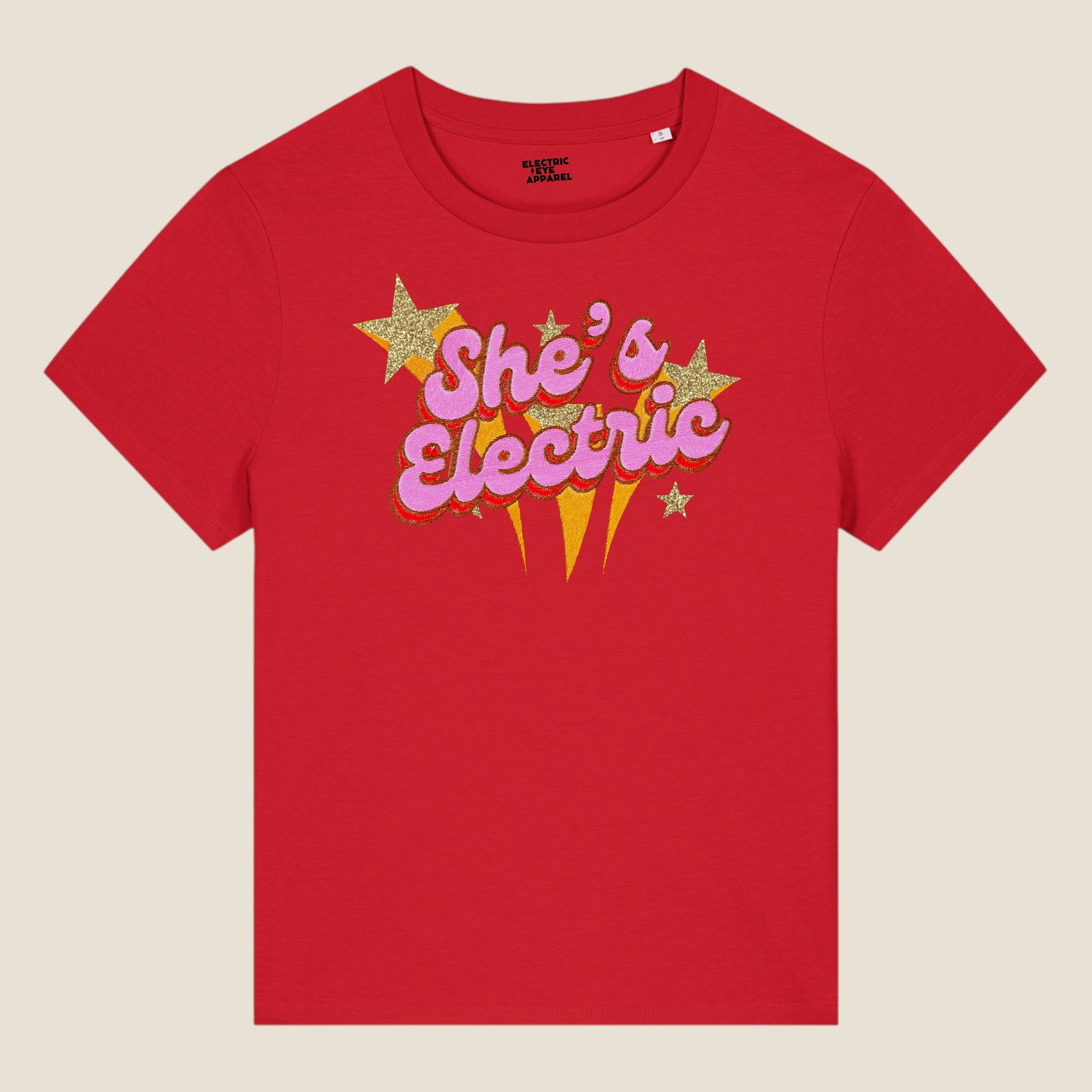 'SHE'S ELECTRIC' 70s Glam embroidered premium organic iconic women's 'Muser' t-shirt with glitter embroidery - Inspired by Oasis