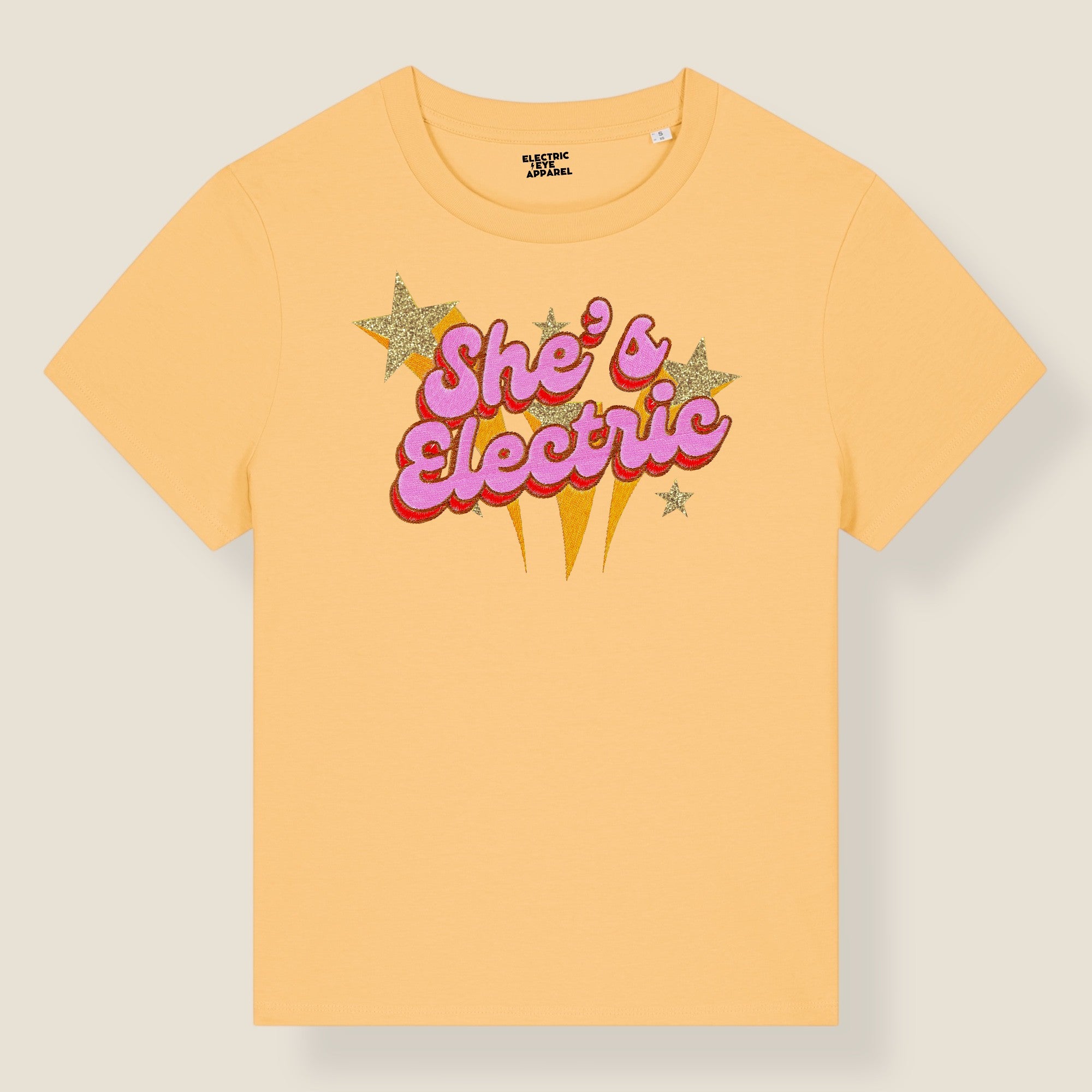 'SHE'S ELECTRIC' 70s Glam embroidered premium organic iconic women's 'Muser' t-shirt with glitter embroidery - Inspired by Oasis