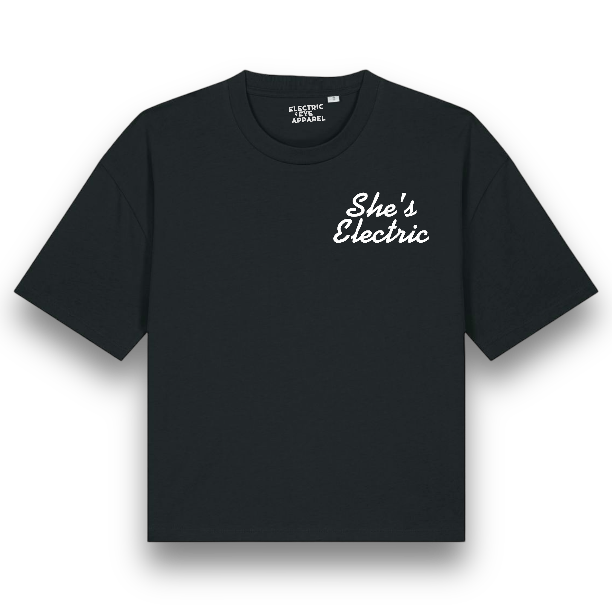 'SHE'S ELECTRIC' left chest embroidered premium organic women's boxy 'nova' t-shirt - inspired by Oasis
