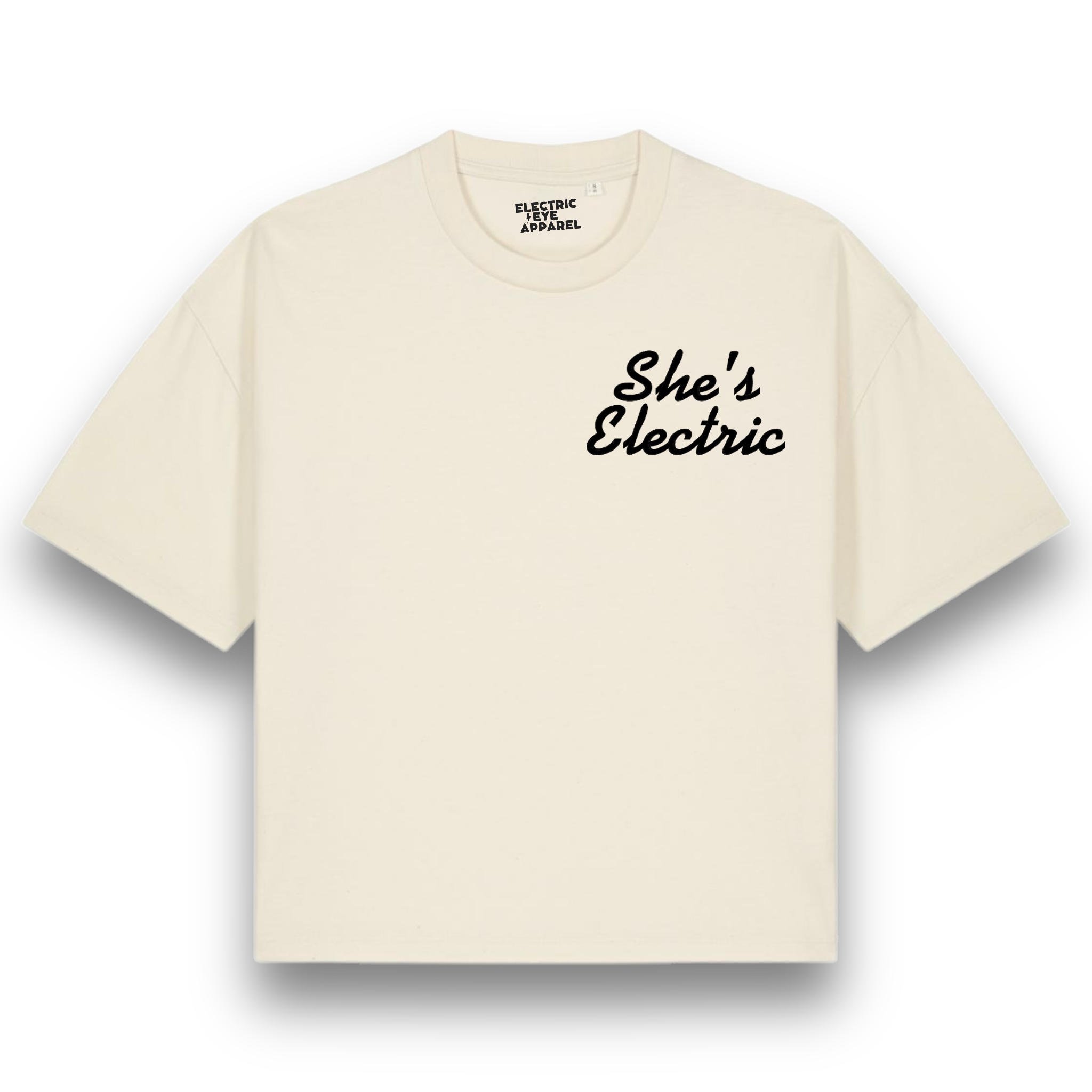 'SHE'S ELECTRIC' left chest embroidered premium organic women's boxy 'nova' t-shirt - inspired by Oasis