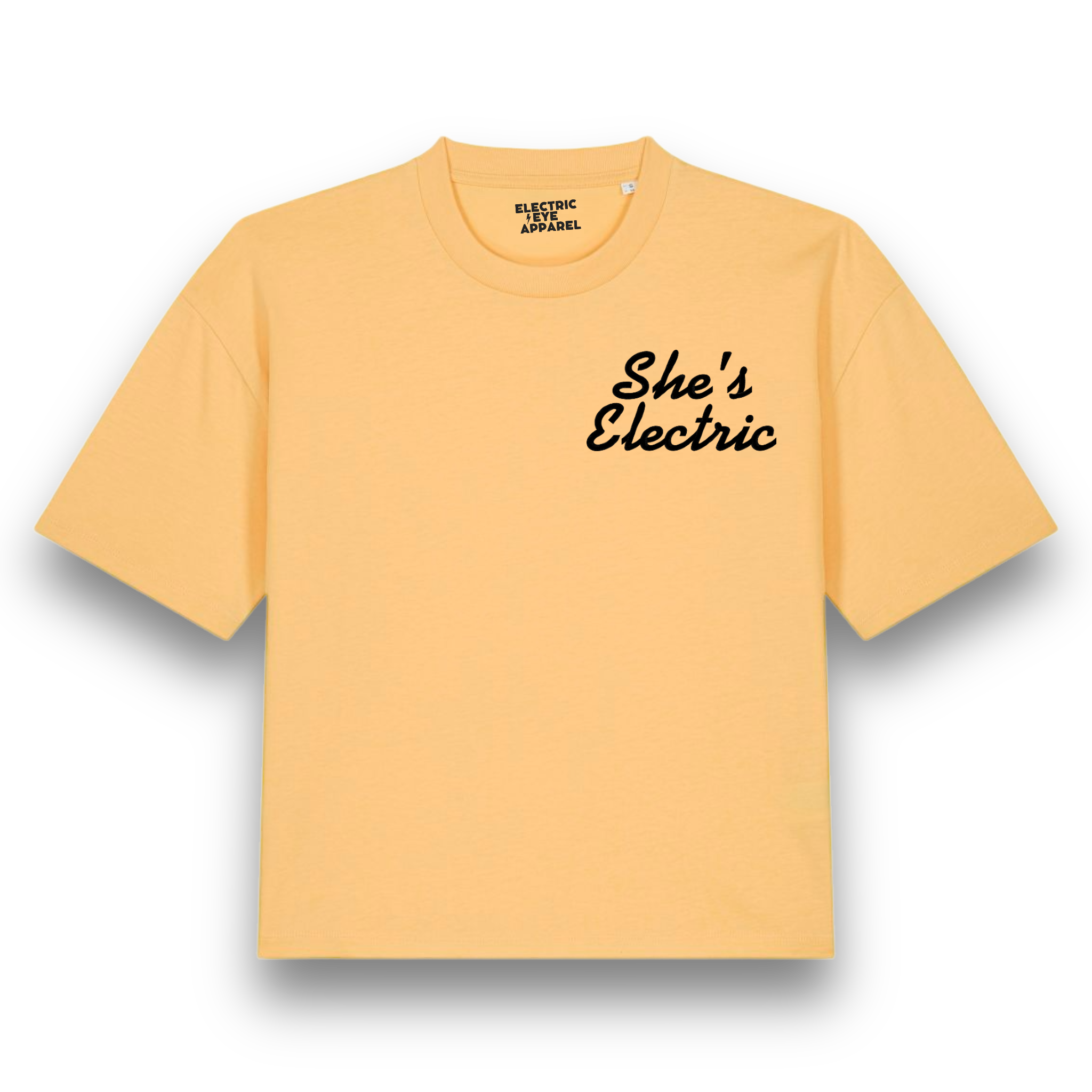'SHE'S ELECTRIC' left chest embroidered premium organic women's boxy 'nova' t-shirt - inspired by Oasis