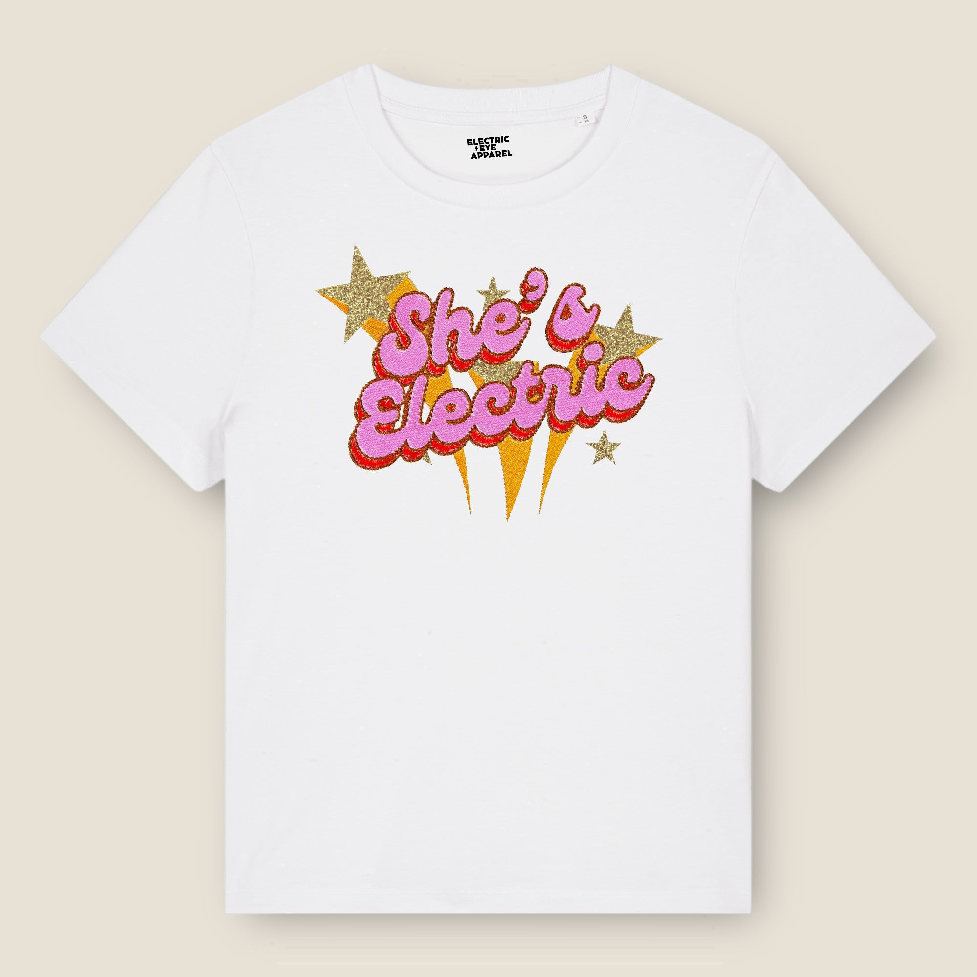'SHE'S ELECTRIC' 70s Glam embroidered premium organic iconic women's 'Muser' t-shirt with glitter embroidery - Inspired by Oasis