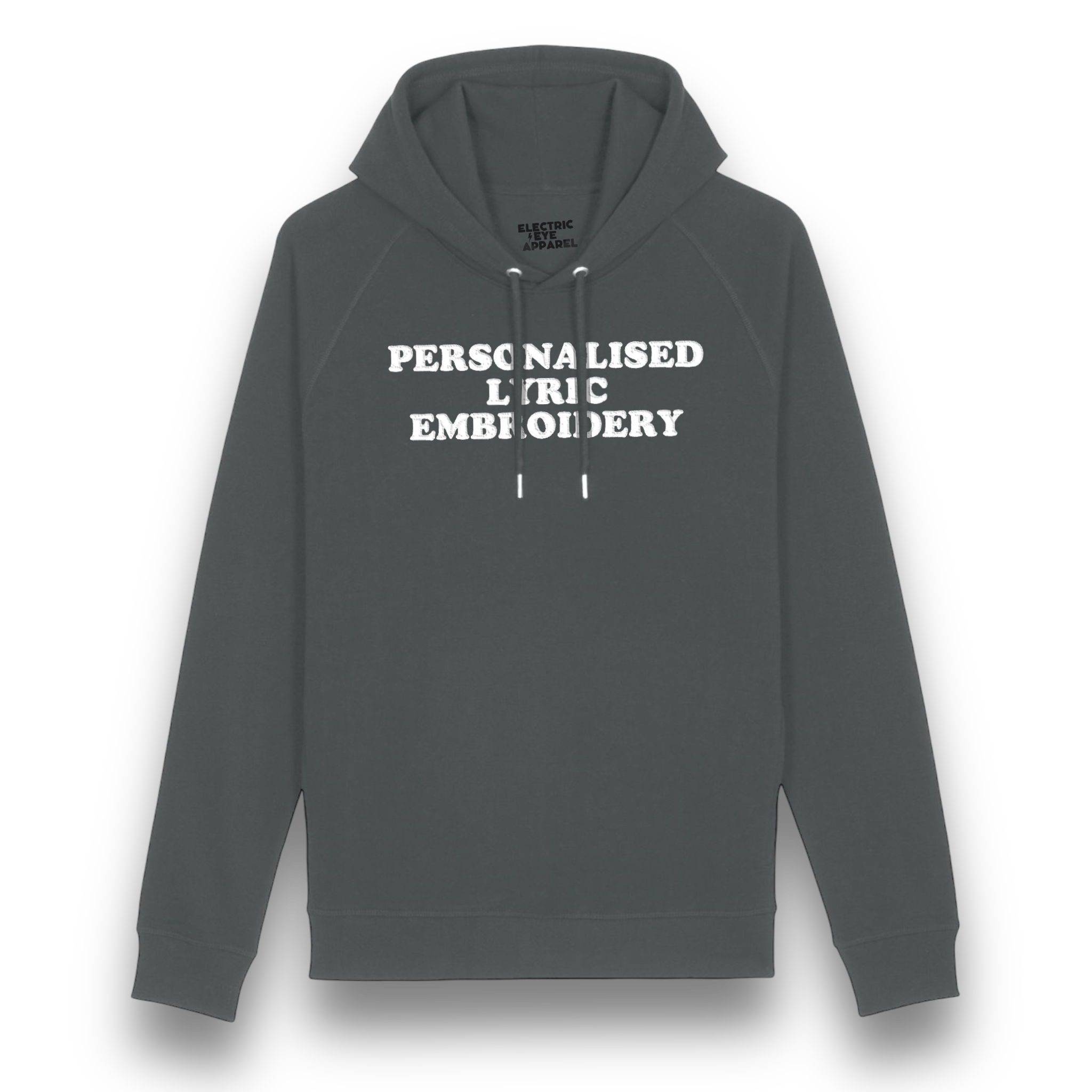 Personalised Lyric Centre Chest Embroidered premium organic unisex side pocket 'Sider' hoodie - choose your own lyrics, font and thread colour