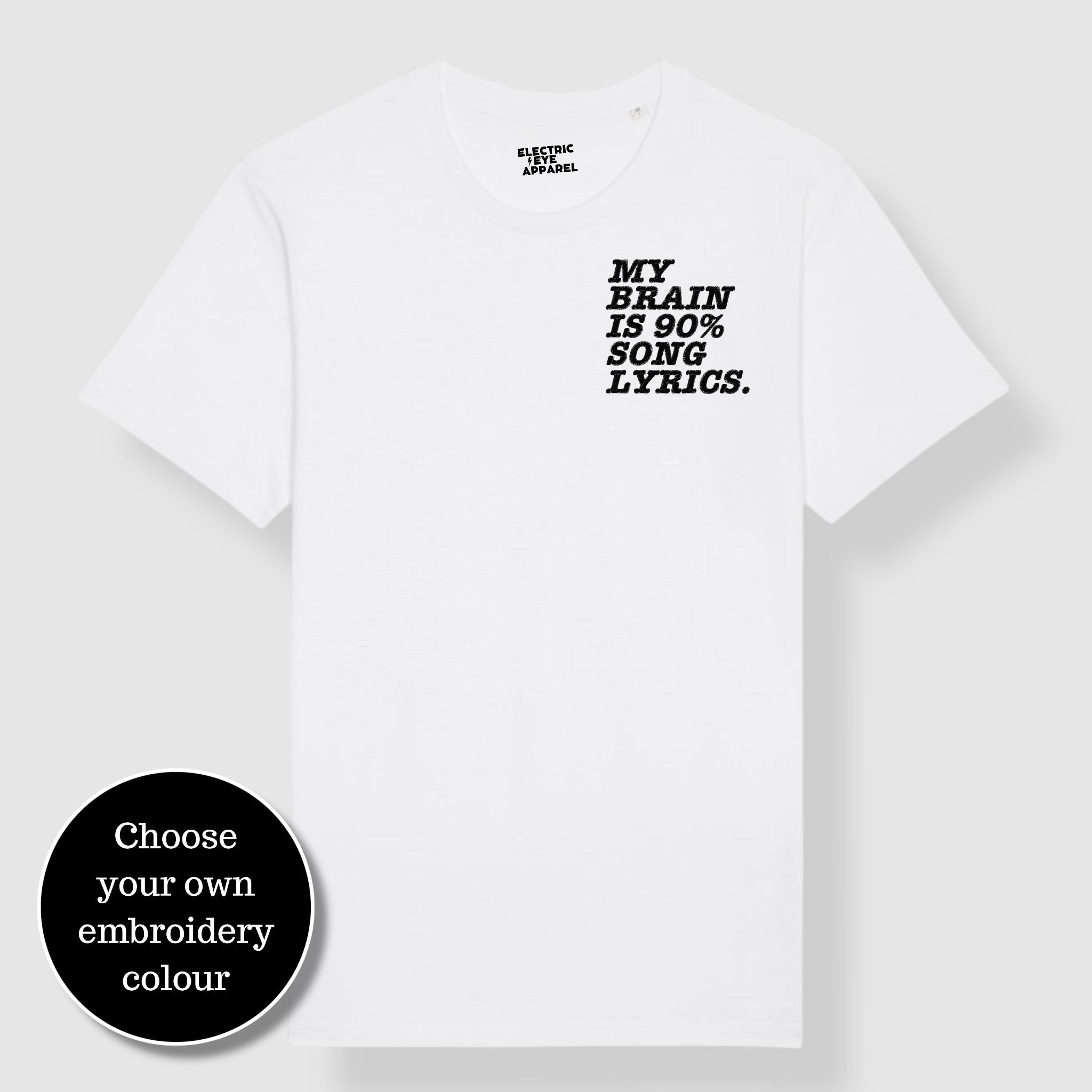 'MY BRAIN IS 90% SONG LYRICS' men's left chest embroidered premium organic classic crew neck 'Rocker' t-shirt