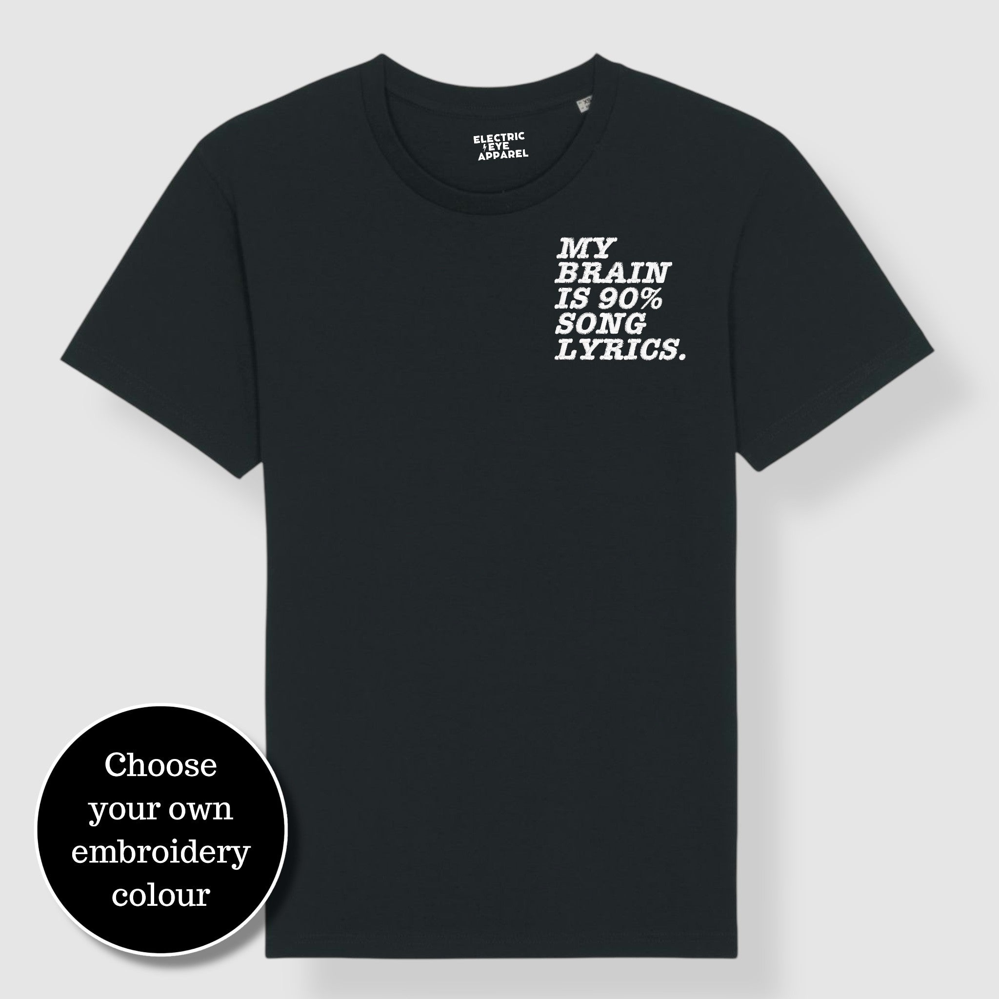 'MY BRAIN IS 90% SONG LYRICS' men's left chest embroidered premium organic classic crew neck 'Rocker' t-shirt