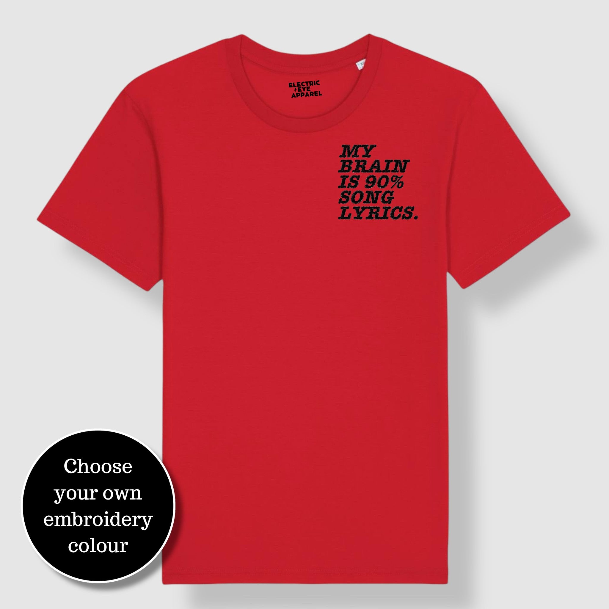 'MY BRAIN IS 90% SONG LYRICS' men's left chest embroidered premium organic classic crew neck 'Rocker' t-shirt