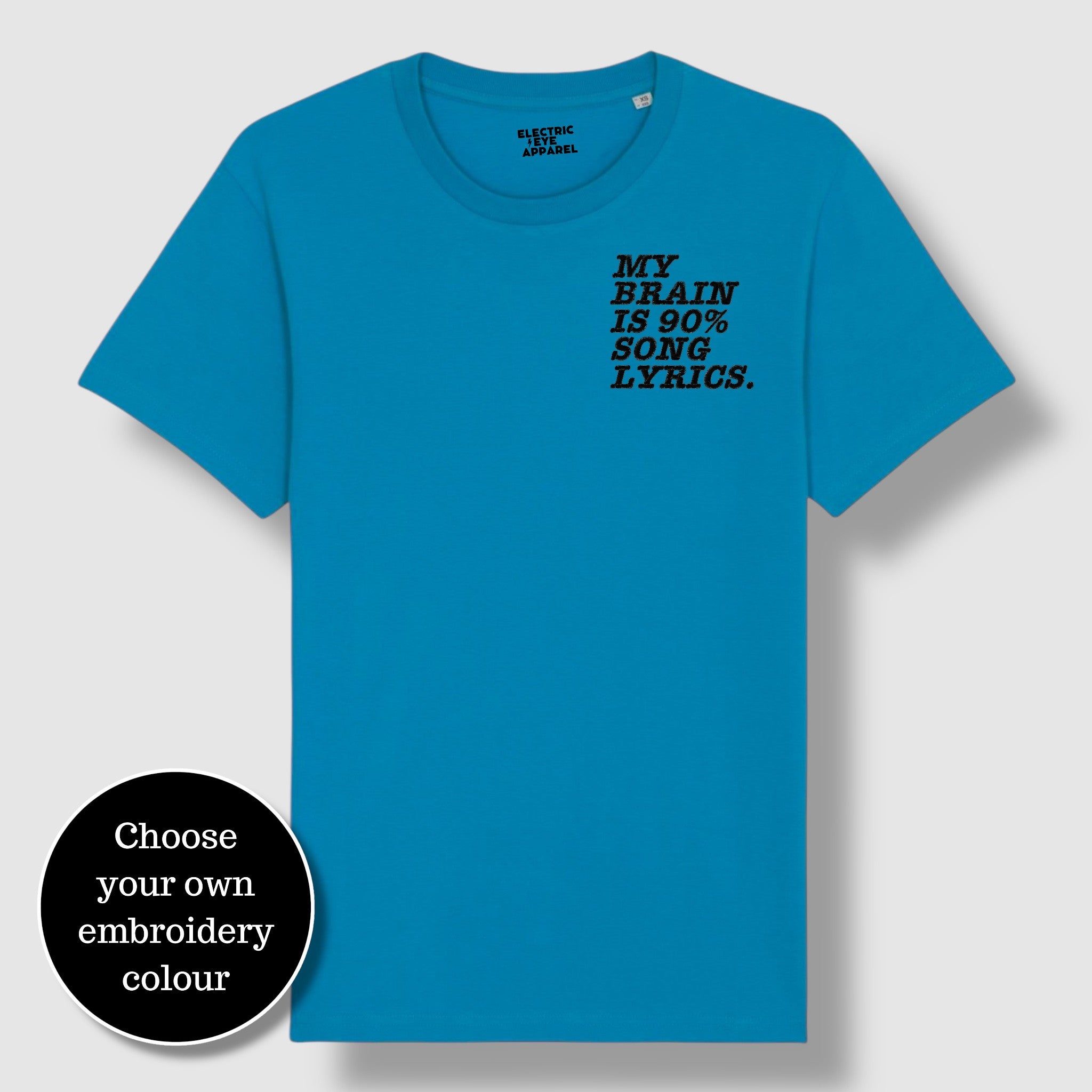 'MY BRAIN IS 90% SONG LYRICS' men's left chest embroidered premium organic classic crew neck 'Rocker' t-shirt